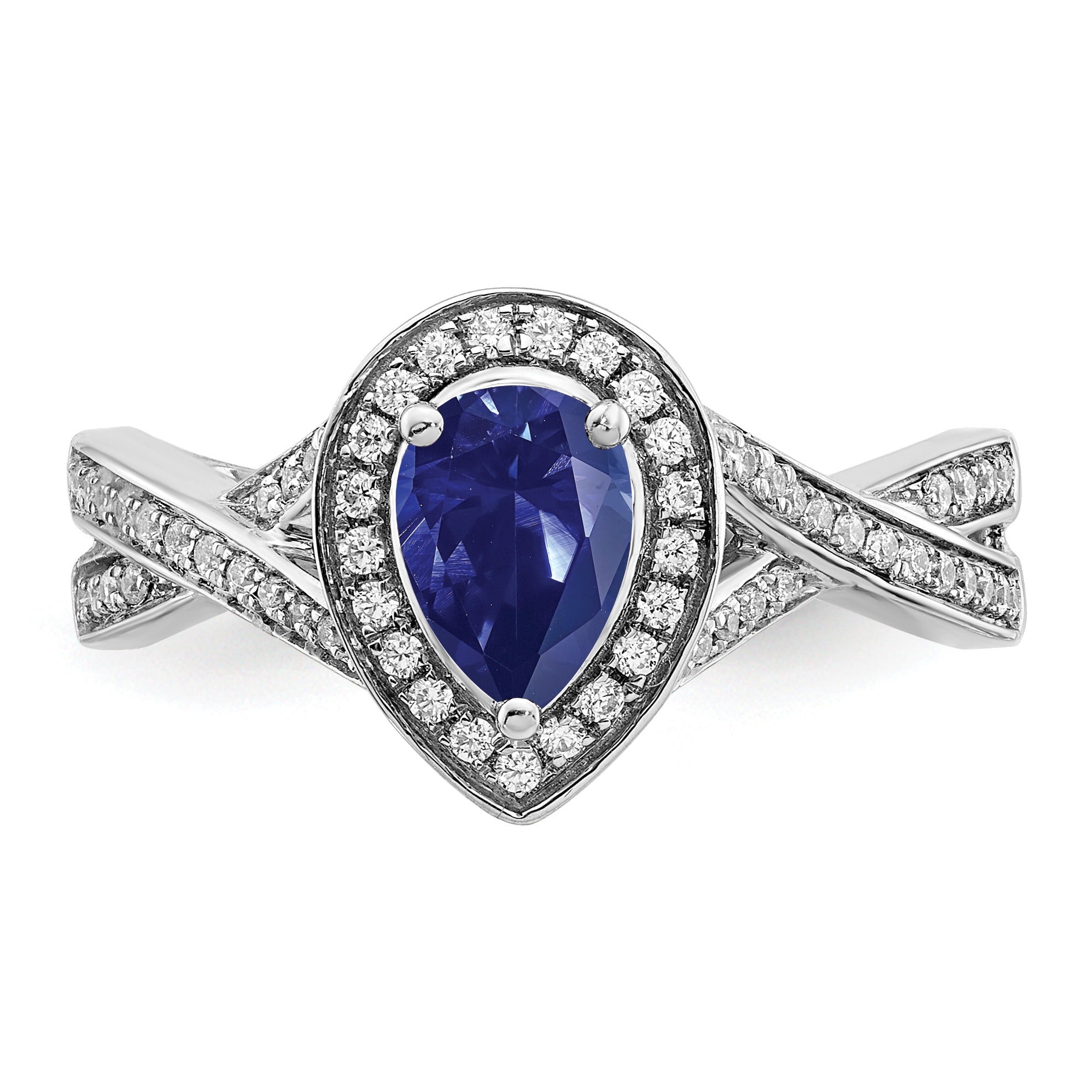 0.74 Ct Pear Blue Created Sapphire & Diamond Prong 14K White Gold Twisted Halo Ring