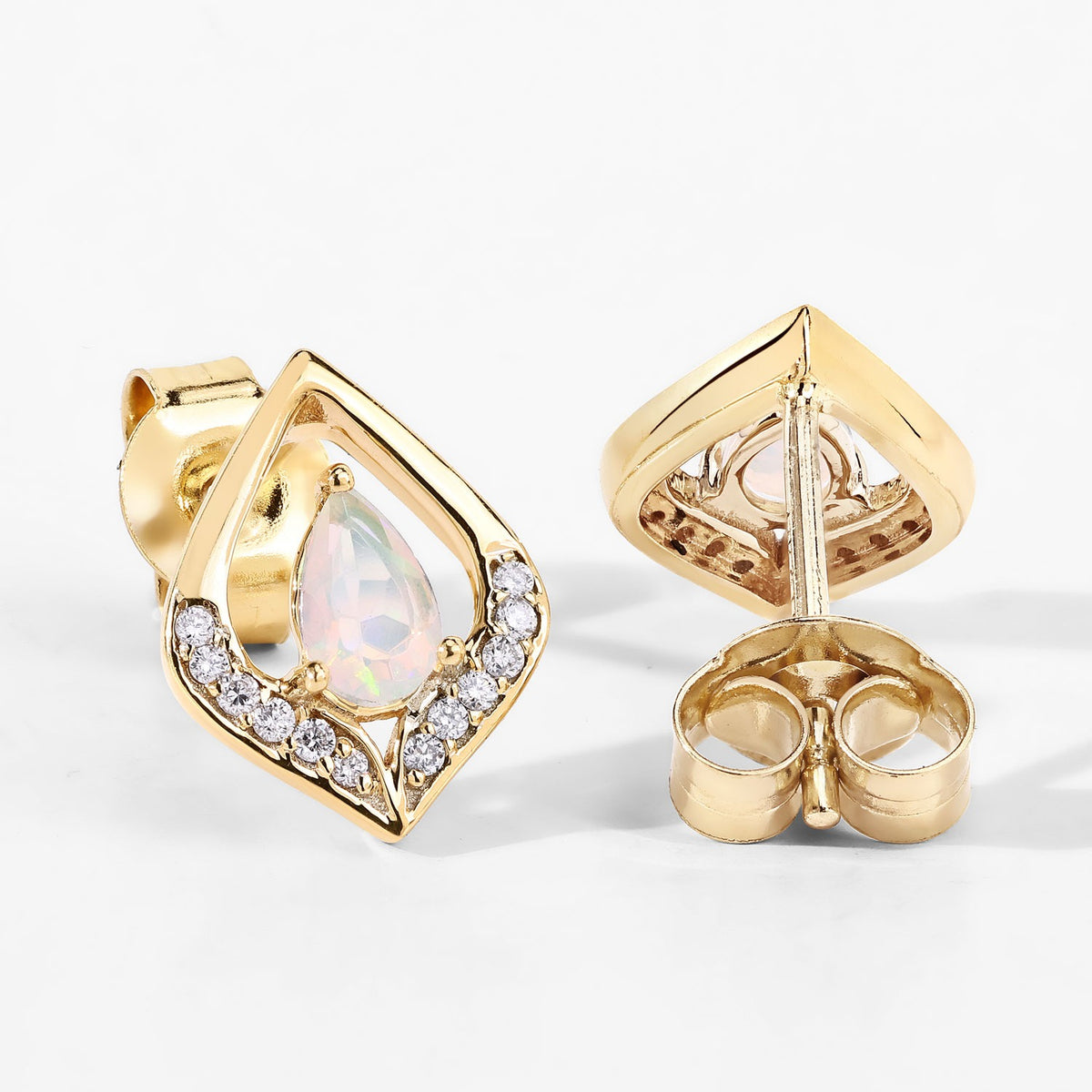 0.34 Cttw Pear White Ethiopian Opal White Natural Diamond 14K Yellow Gold Stud Earrings