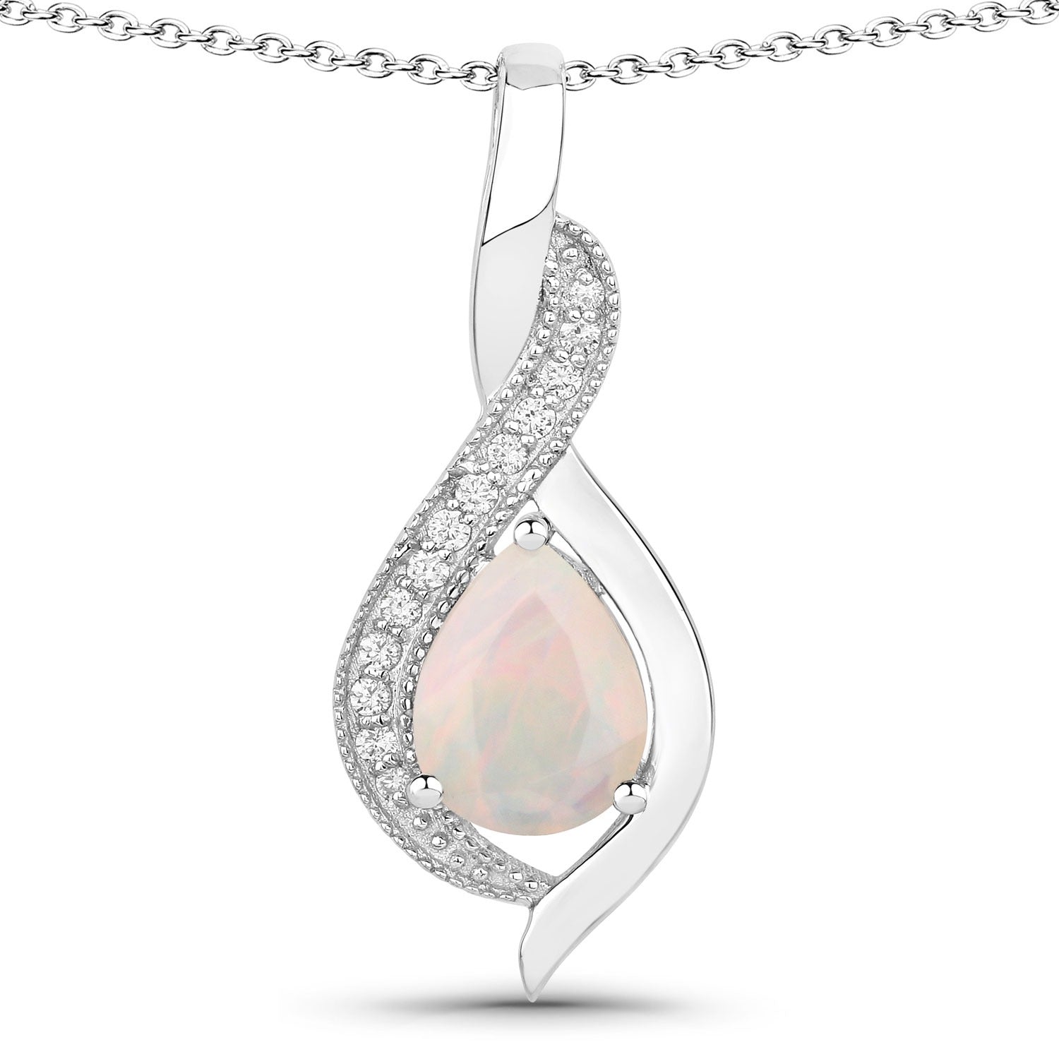 1.02 Ct Genuine Ethiopian Opal and Lab Diamond Silver Teardrop Necklace