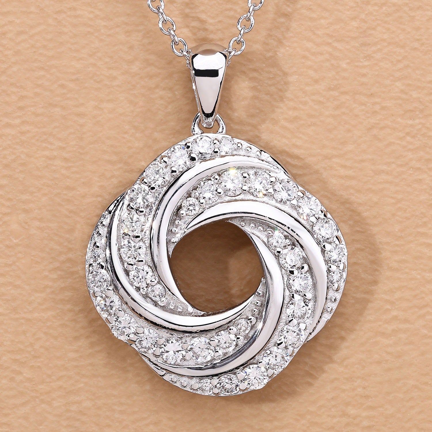 1 Cttw Round Lab Diamond Prong Plated Silver Swirl Love Knot Pendant Necklace