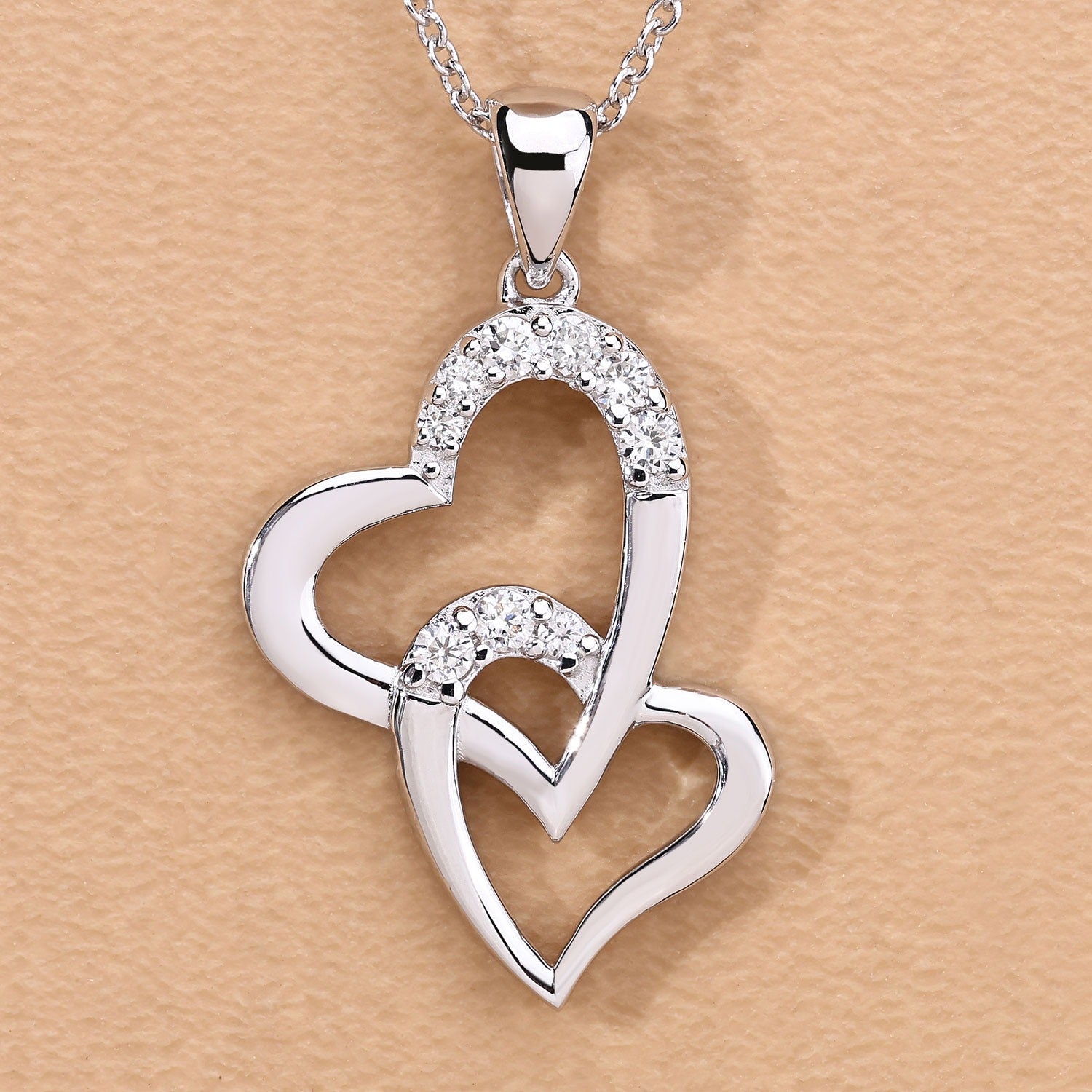 0.26 Cttw Round Lab Diamond Rhodium Plated Silver Intertwined Double Heart Pendant Necklace