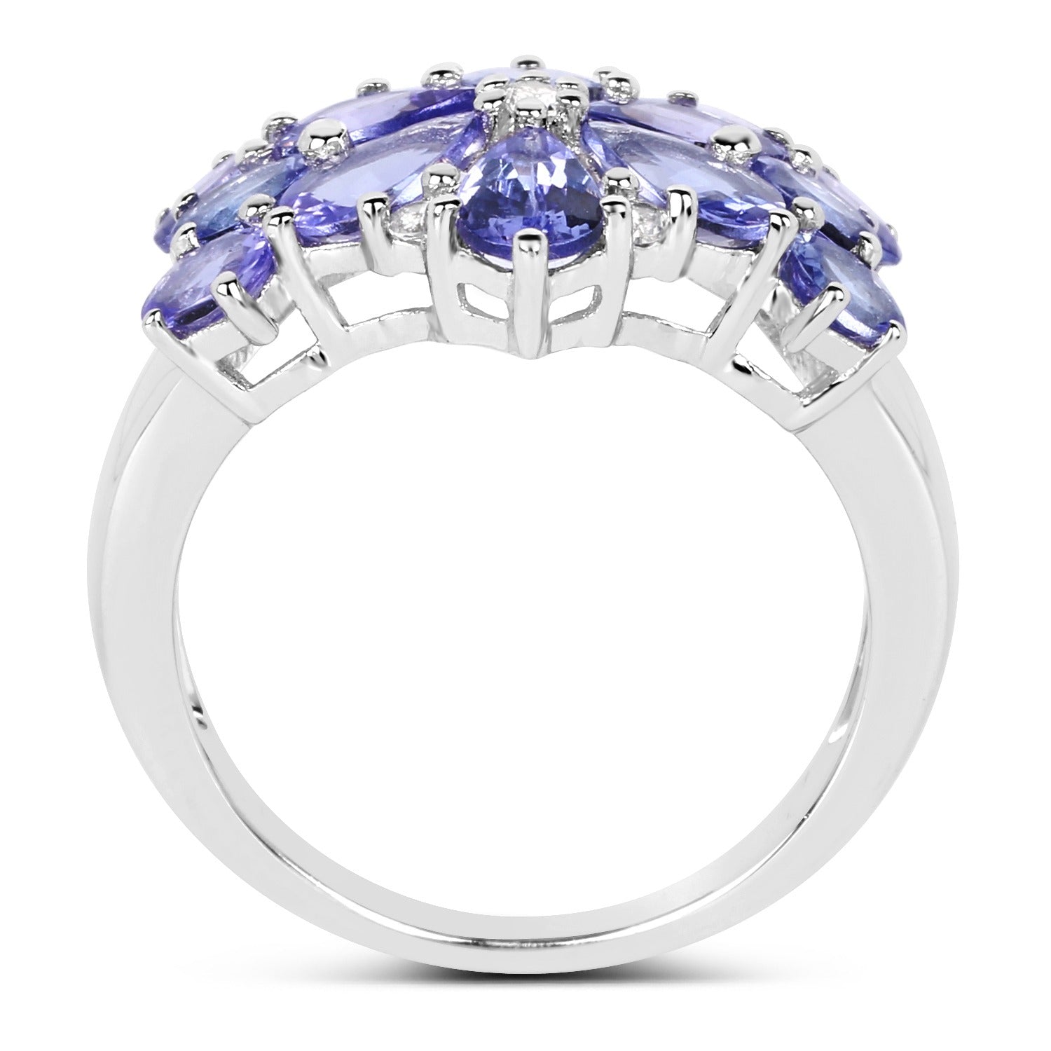 3.36 Ct Pear and Oval Violet Tanzanite and White Topaz Prong Silver Floral Ring