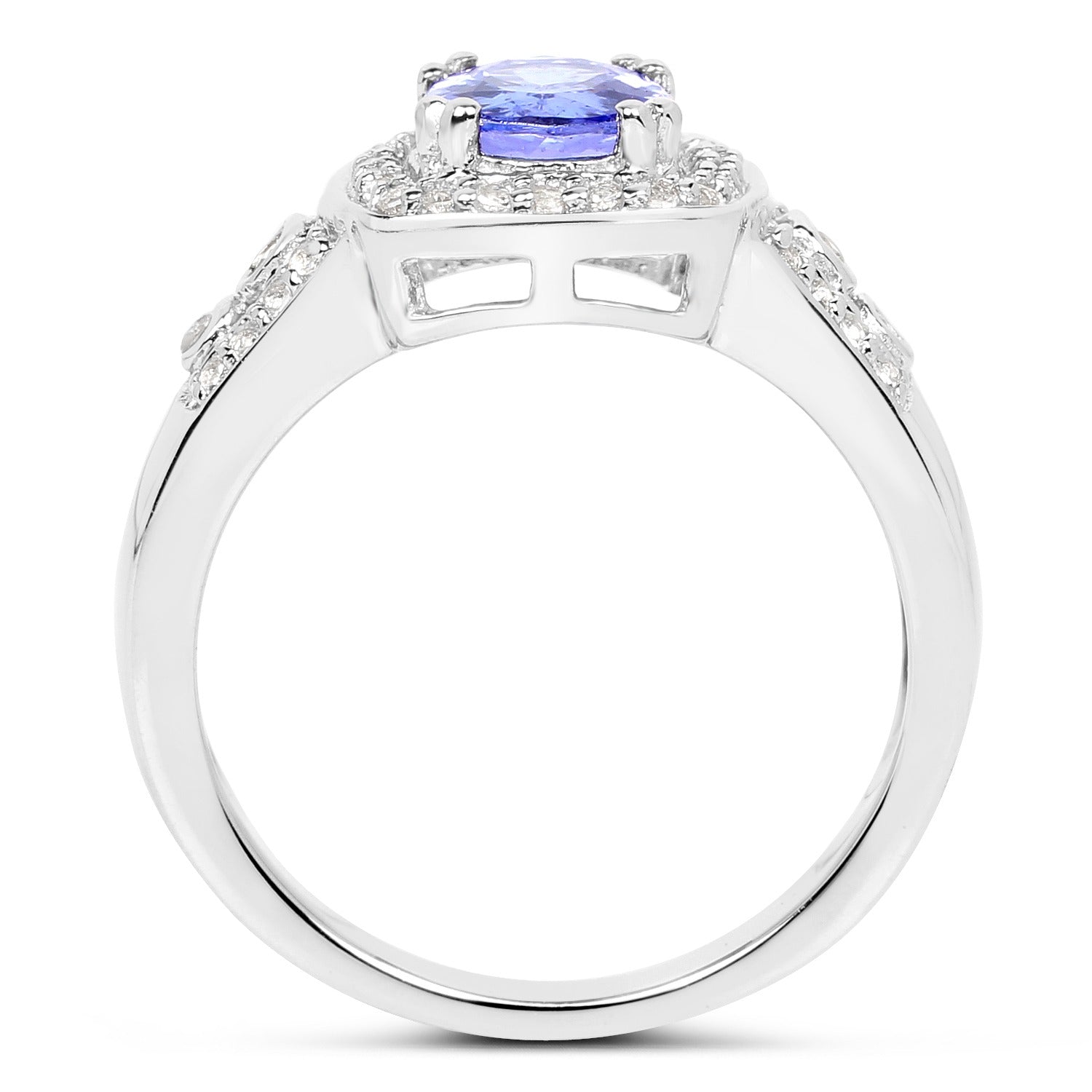 1.42 Ct Oval Violet Tanzanite & White Topaz Prong Silver Pave Halo Statement Ring