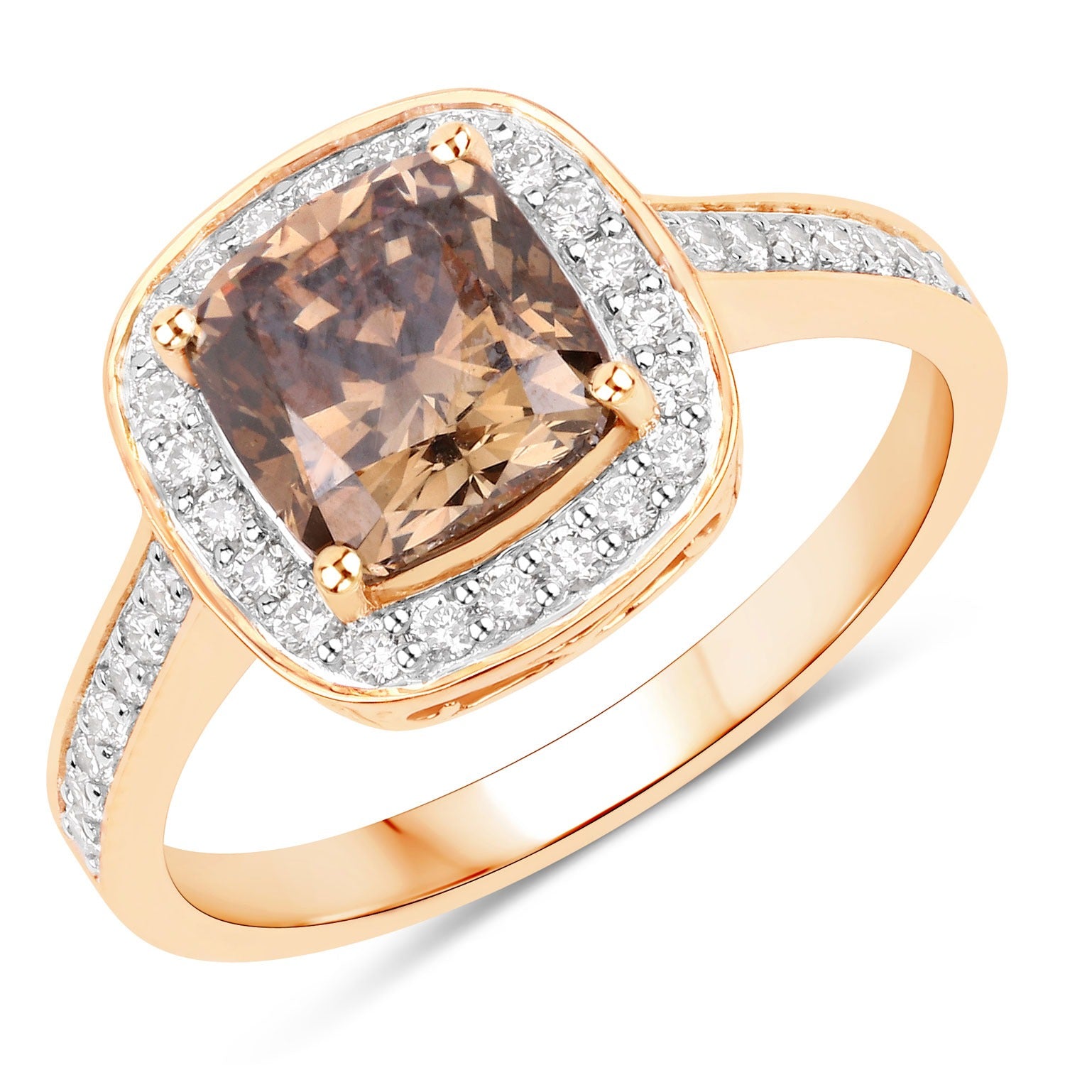 2.19 Ct Genuine Brown Diamond 18K Yellow Gold Halo Pave Cushion Ring