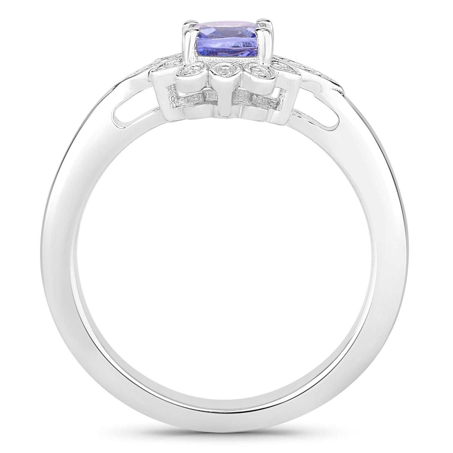 0.59 Ct Cushion Violet Tanzanite and Created White Sapphire Prong Silver Flower Ring