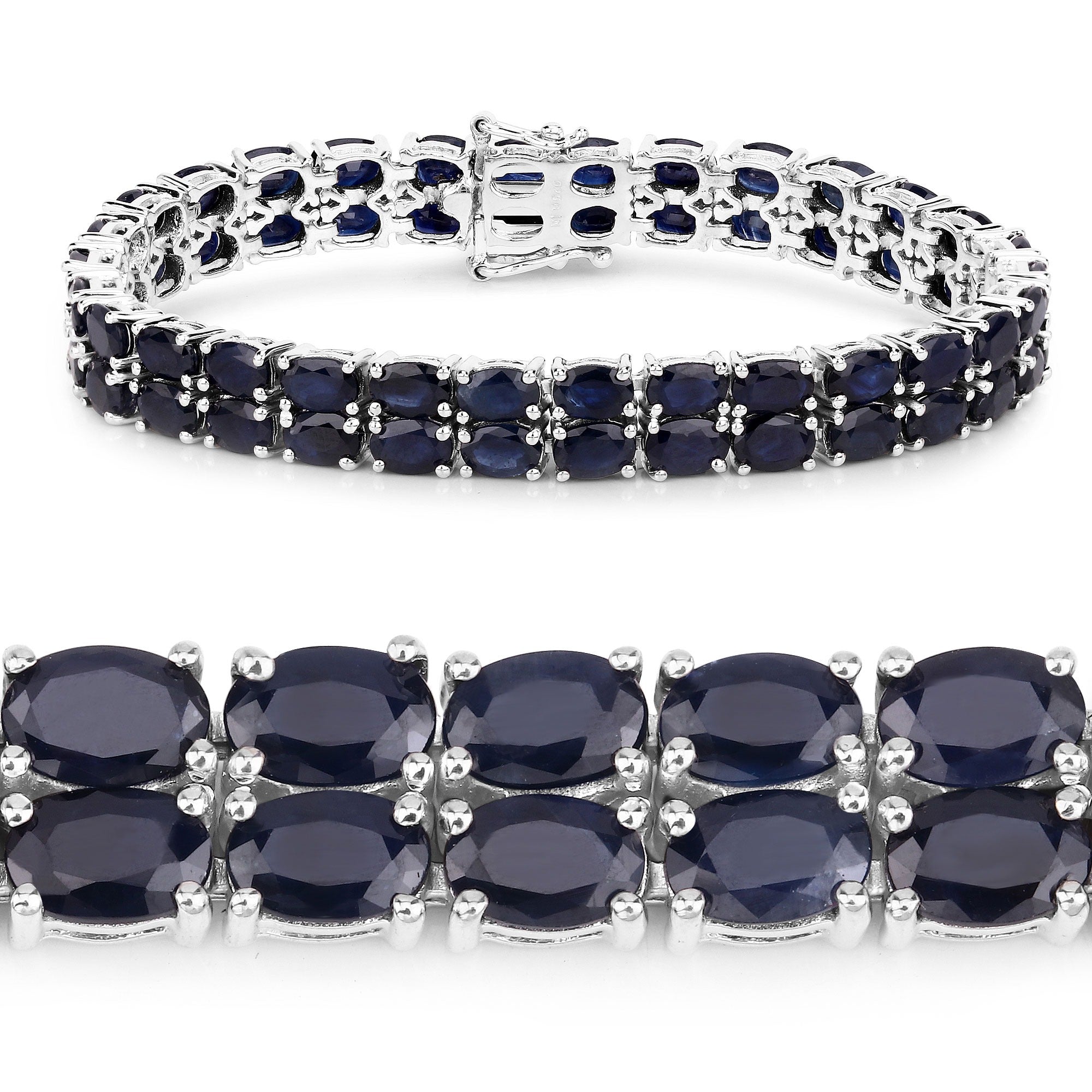 28.80 Ct Oval Blue Sapphire Prong Silver Two Row Tennis Bracelet