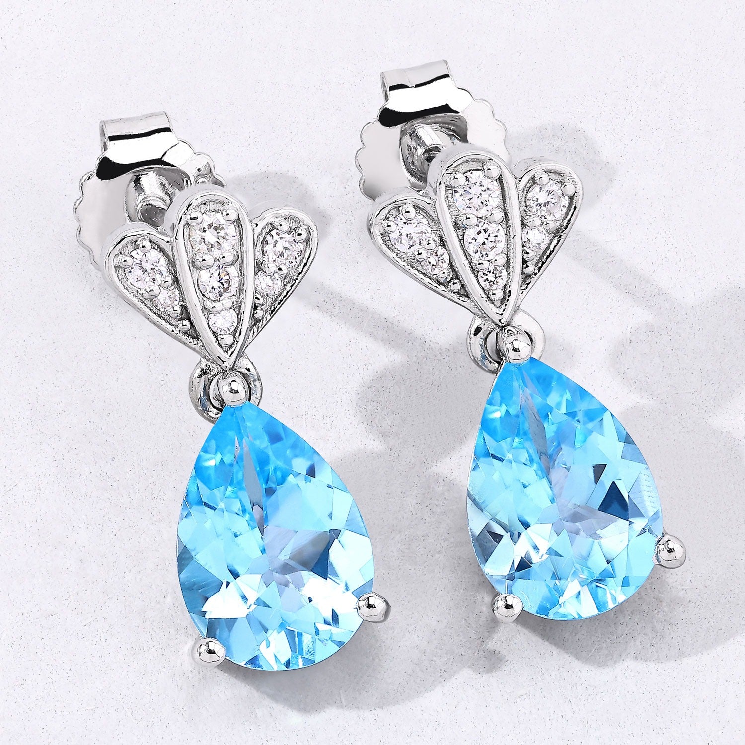 Genuine Swiss Blue Topaz and Lab Diamond Earrings Silver