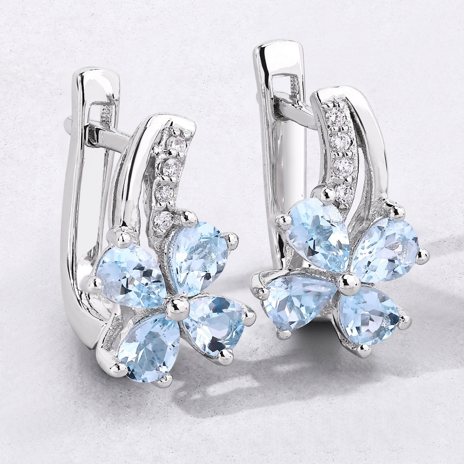 Genuine Blue Aquamarine Lab Diamond Silver Floral Earrings