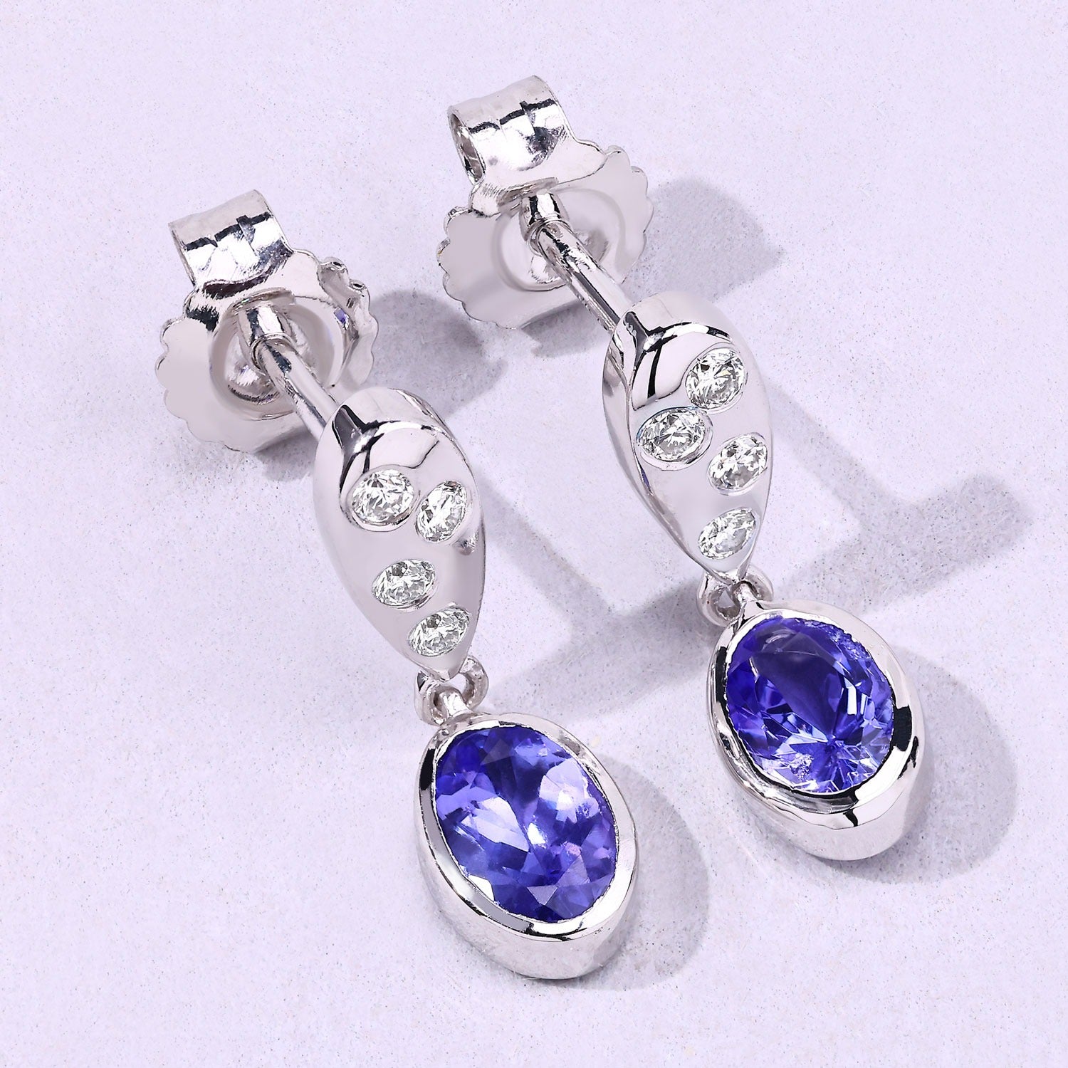 Genuine Tanzanite and Lab Diamond Dangle Silver Earrings