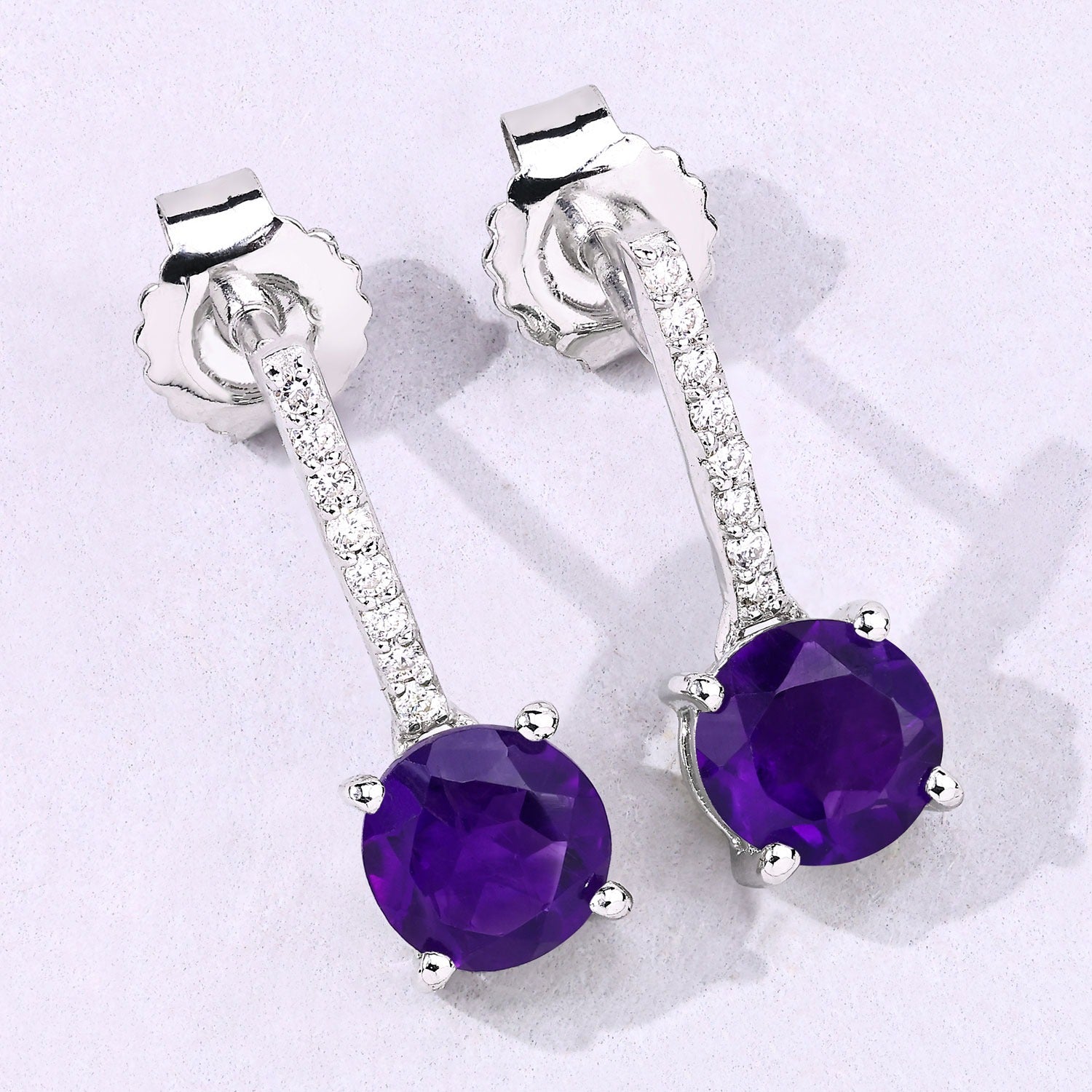 Genuine Amethyst and Diamond Silver Earrings