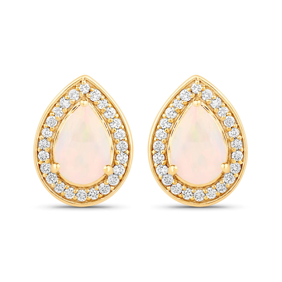 0.64 Cttw Pear White Ethiopian Opal White Diamond 14K Yellow Gold Halo Stud Earrings