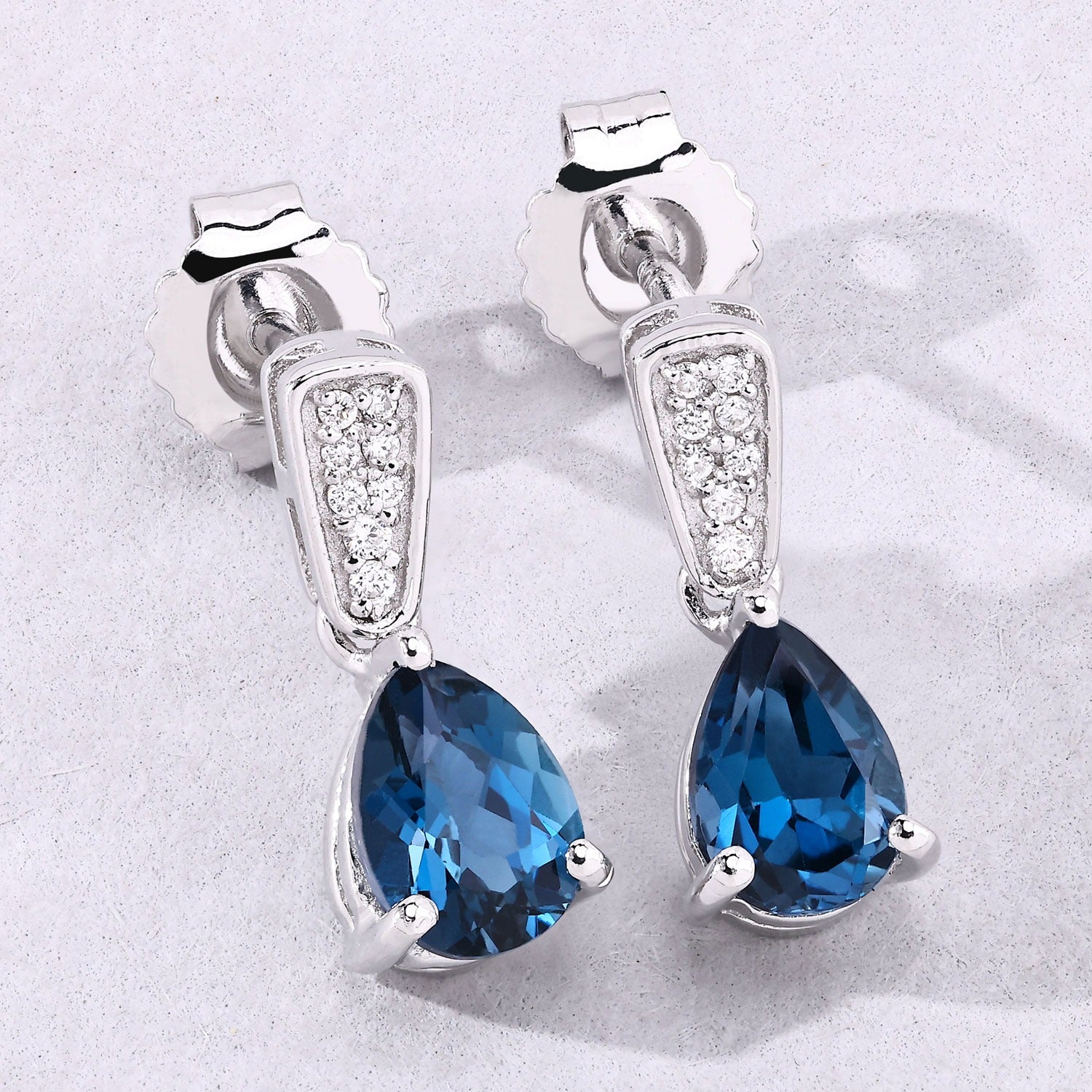 Genuine London Blue Topaz and Diamond Silver Earrings