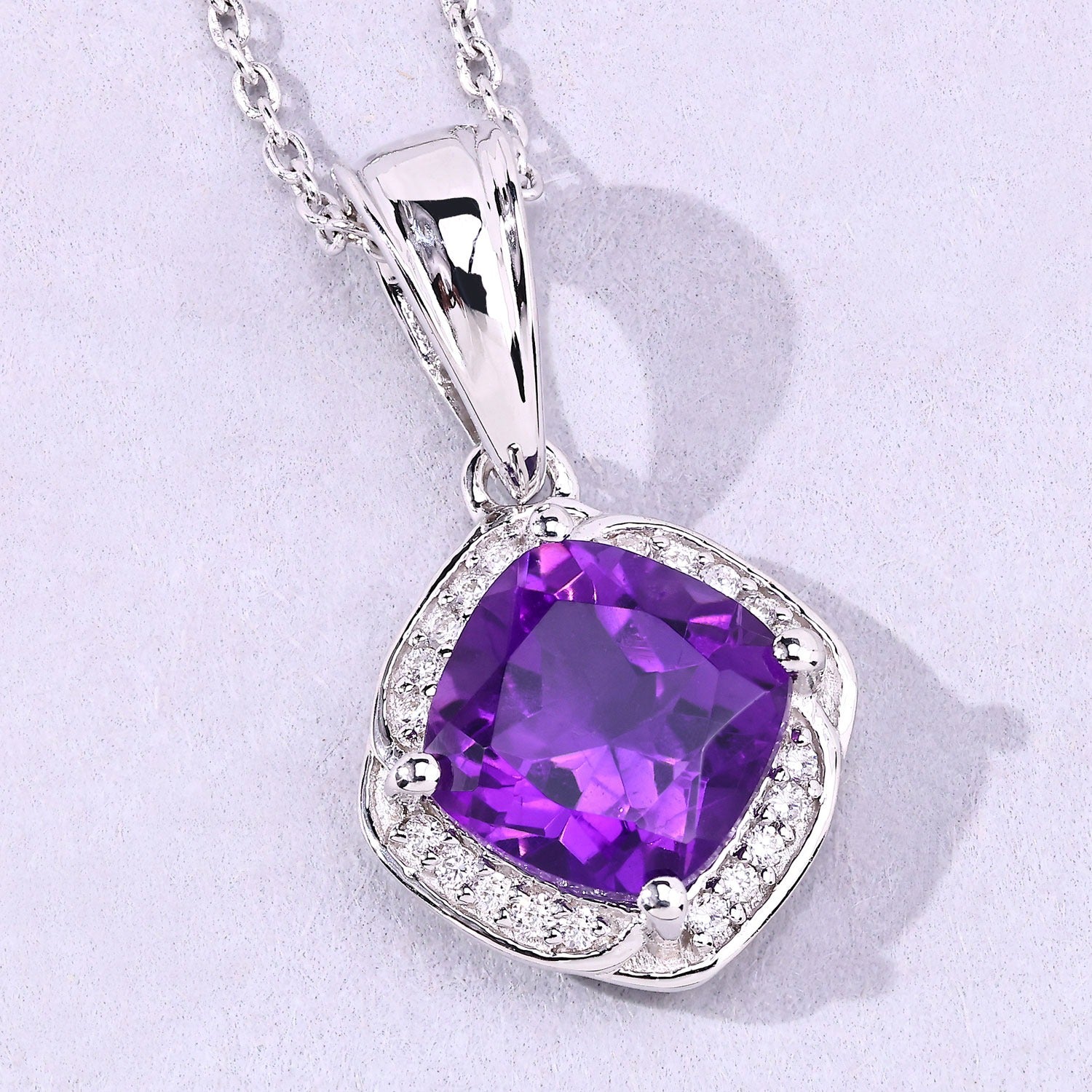 Genuine Amethyst and Lab Grown Diamond 925 Silver Cushion Necklace Fine Color Jewels
