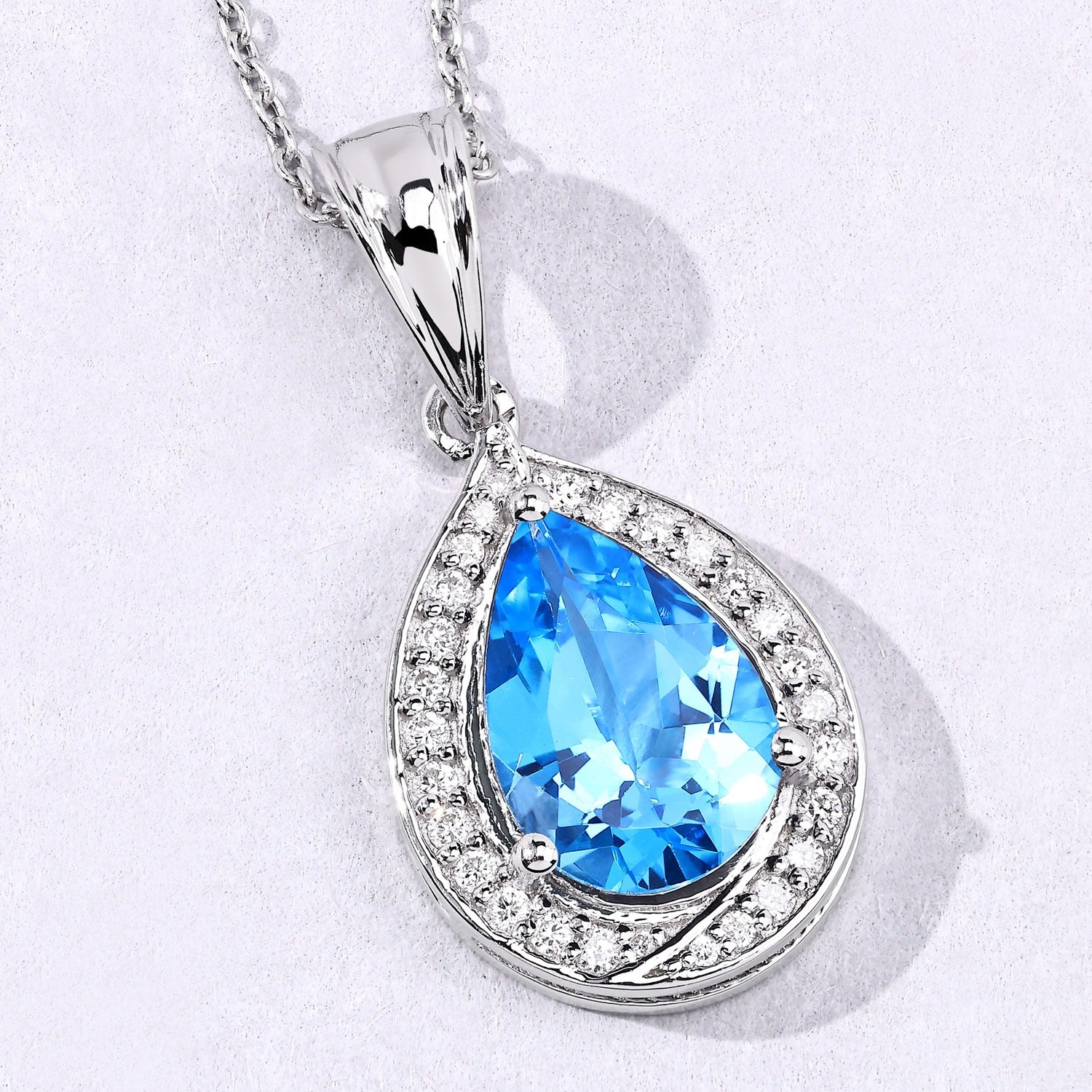 Genuine Swiss Blue Topaz and Lab Grown Diamond 925 Silver Necklace Fine Color Jewels
