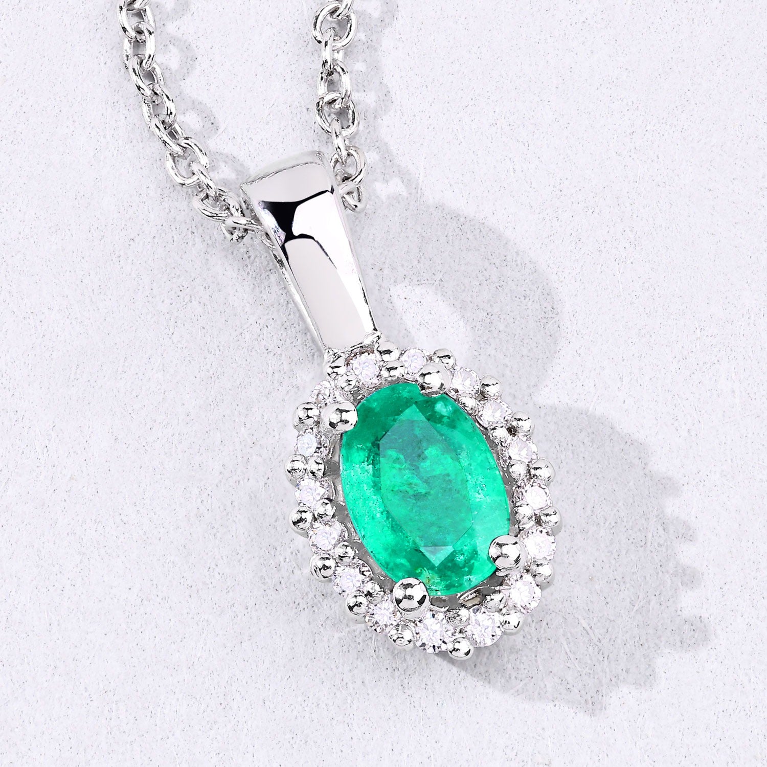 0.54 Ct Genuine Zambian Emerald and Lab Diamond Silver Oval Necklace