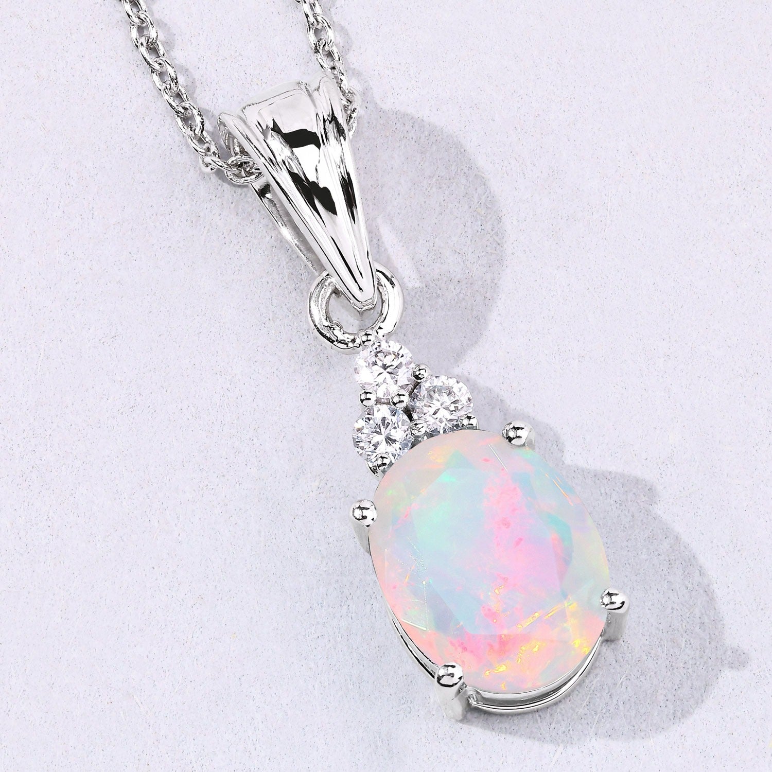 1.68 Ct Genuine Ethiopian Opal and Lab Diamond Silver Oval Cocktail Necklace Fine Color Jewels