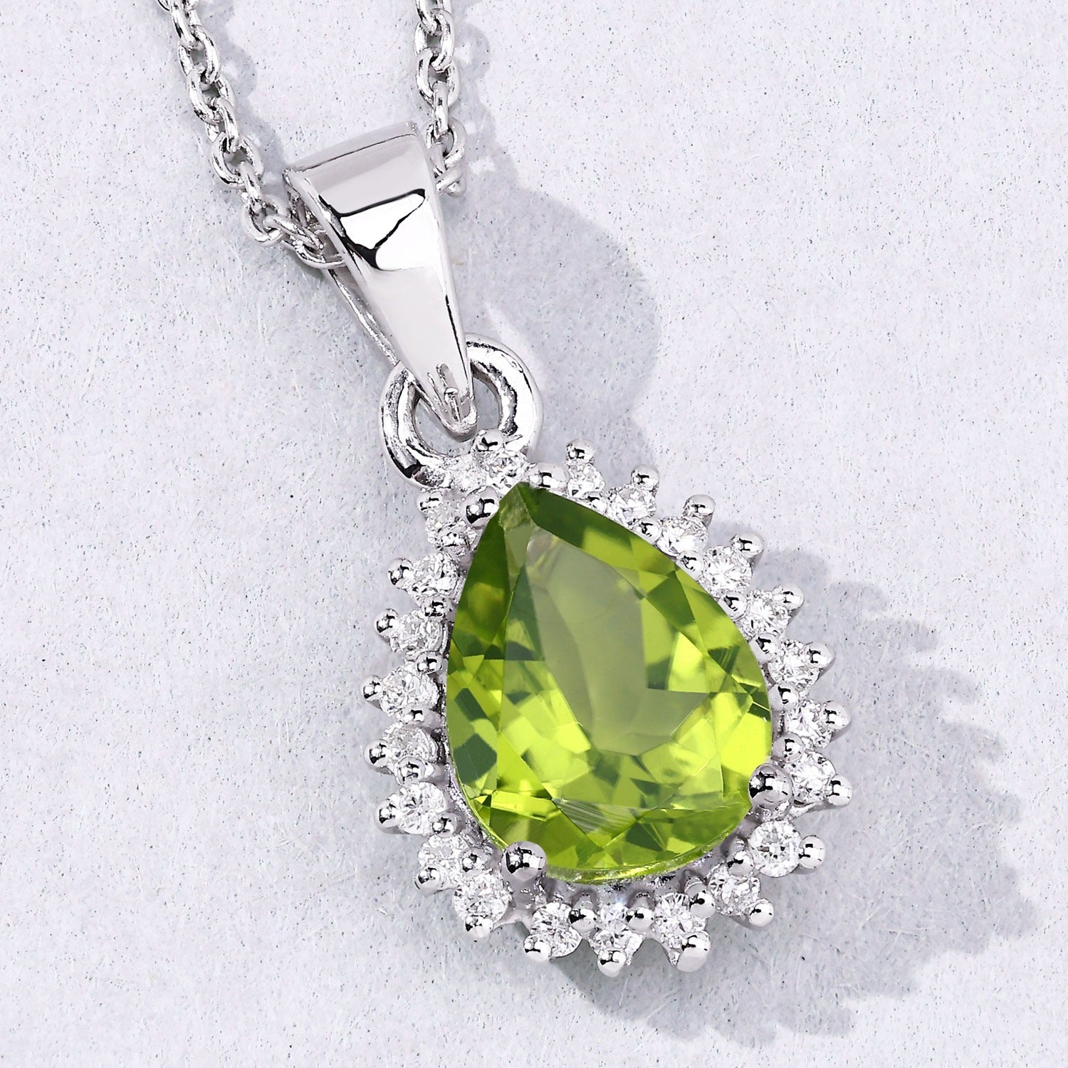 1.63 Ct Genuine Peridot and Lab Grown Diamond Silver Pear Necklace