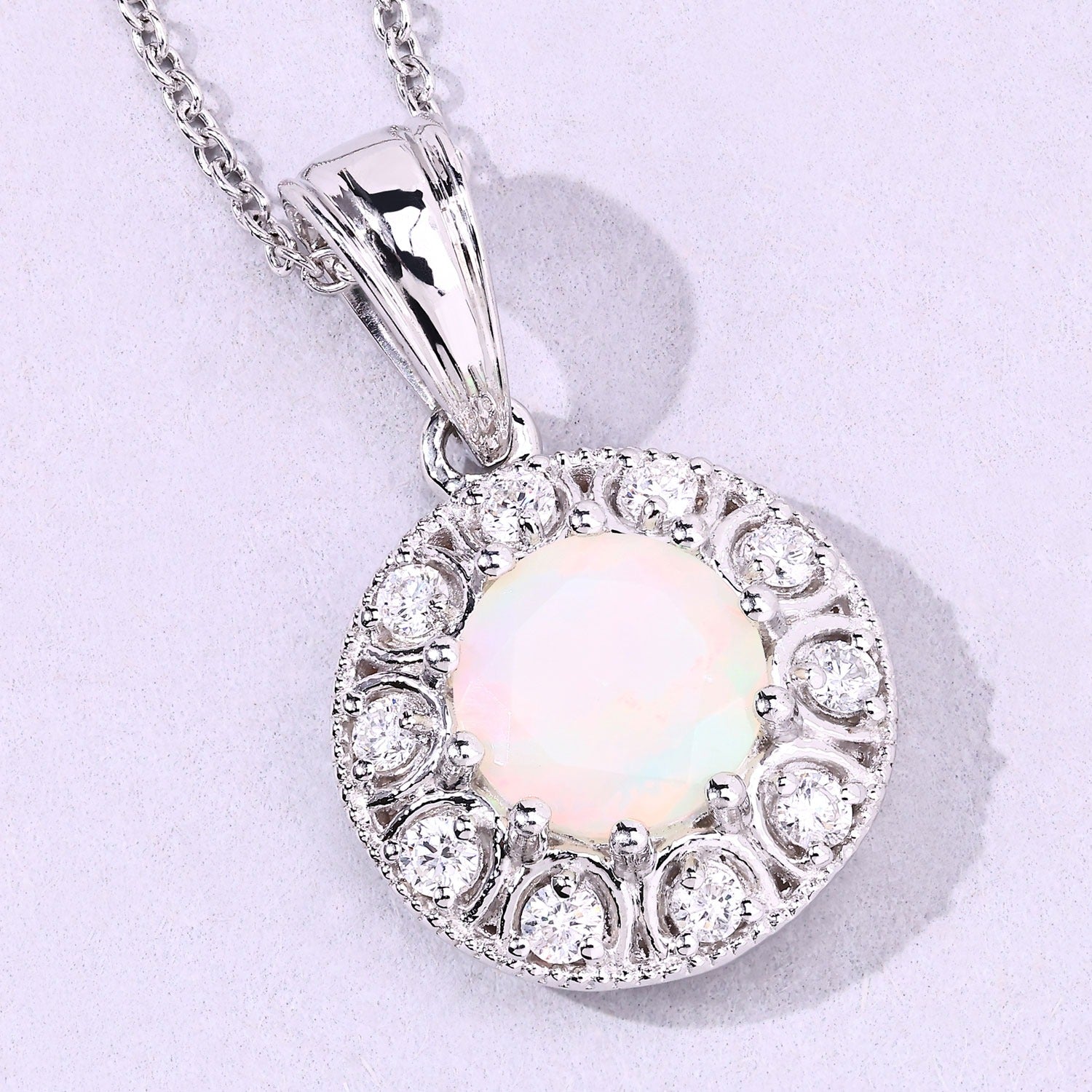 1.25 Ct Genuine Ethiopian Opal and Lab Diamond Silver Halo Necklace