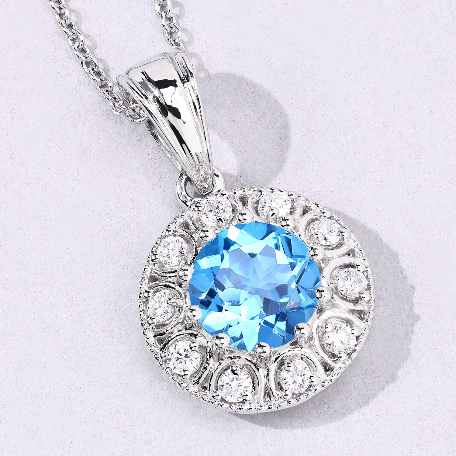 2.60 Ct Genuine Swiss Blue Topaz and Lab Diamond Silver Halo Necklace