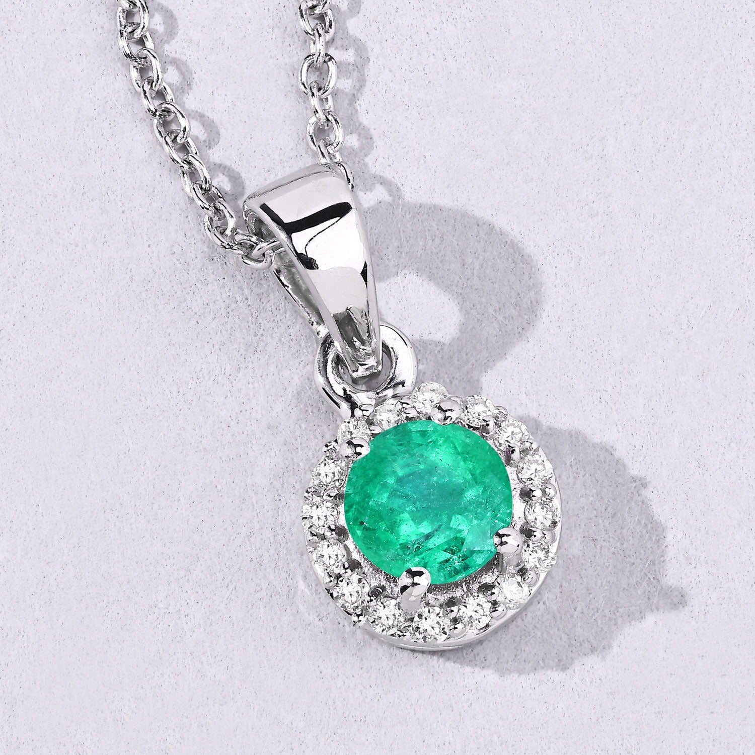 0.52 Ct Genuine Zambian Emerald and Lab Diamond Silver Round Necklace
