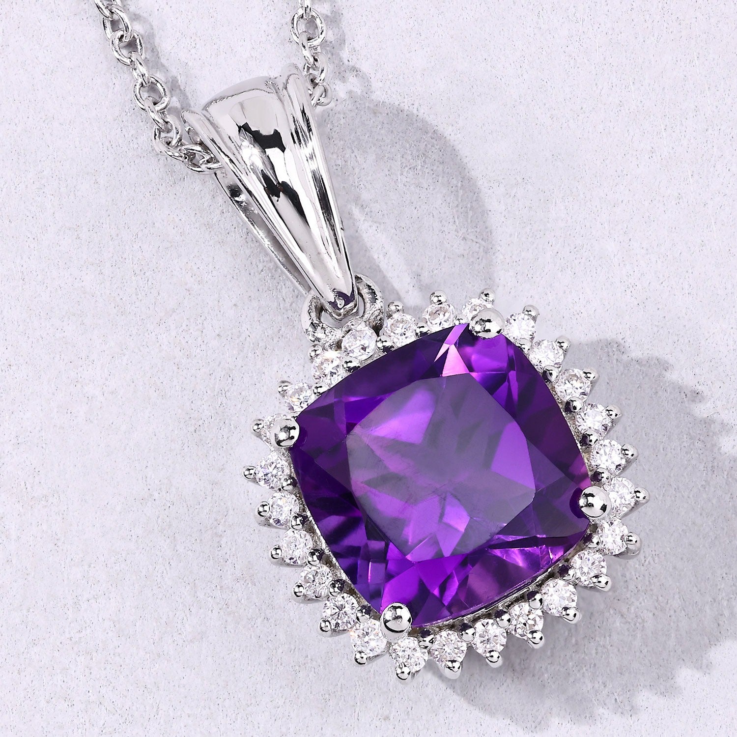 2.80 C Genuine Amethyst and Lab Grown Diamond Silver Necklace