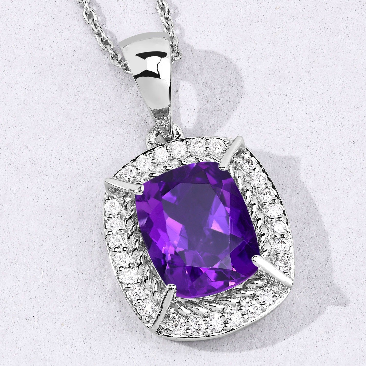 2.86 Ct Genuine Purple Amethyst and Lab Diamond Silver Halo Necklace