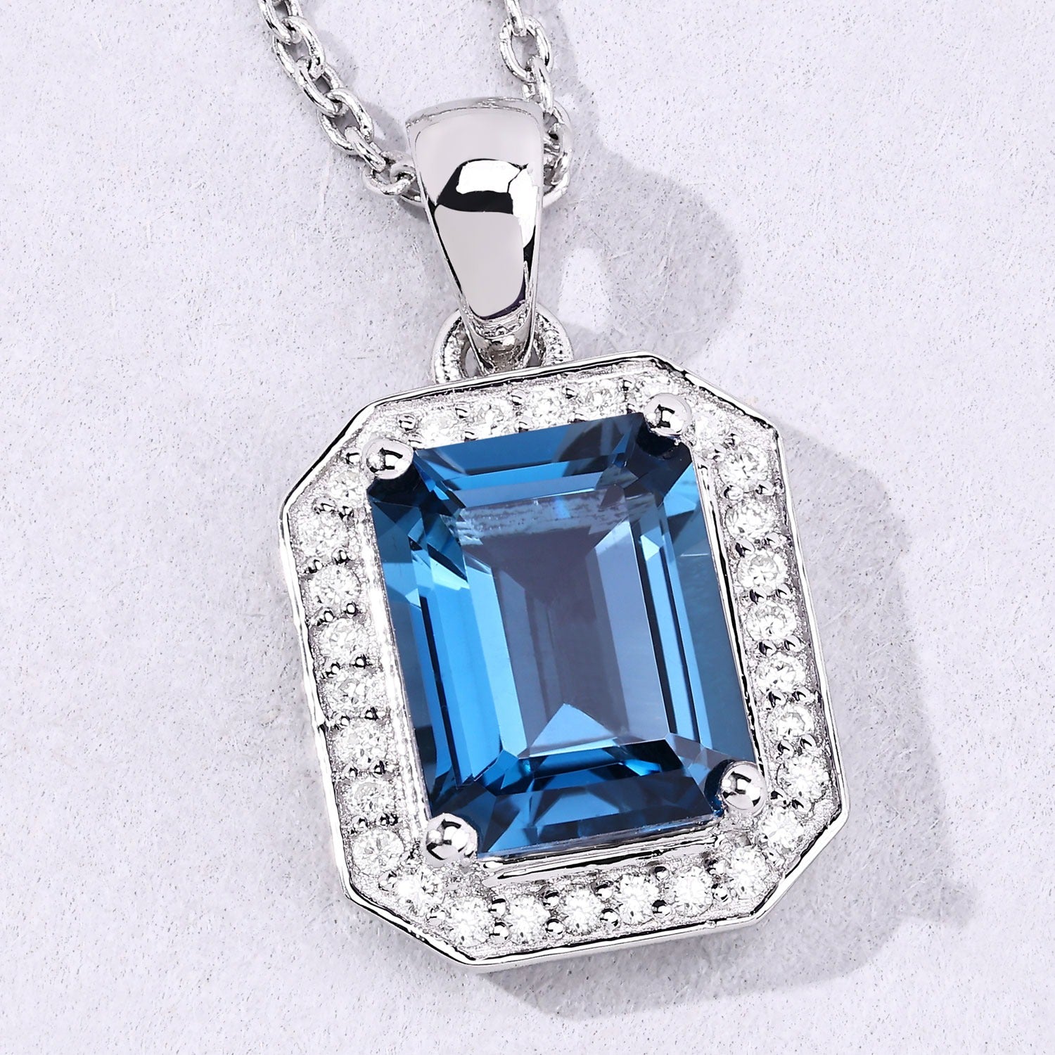 2.78 Ct Genuine London Blue Topaz and Lab Diamond Silver Halo Necklace