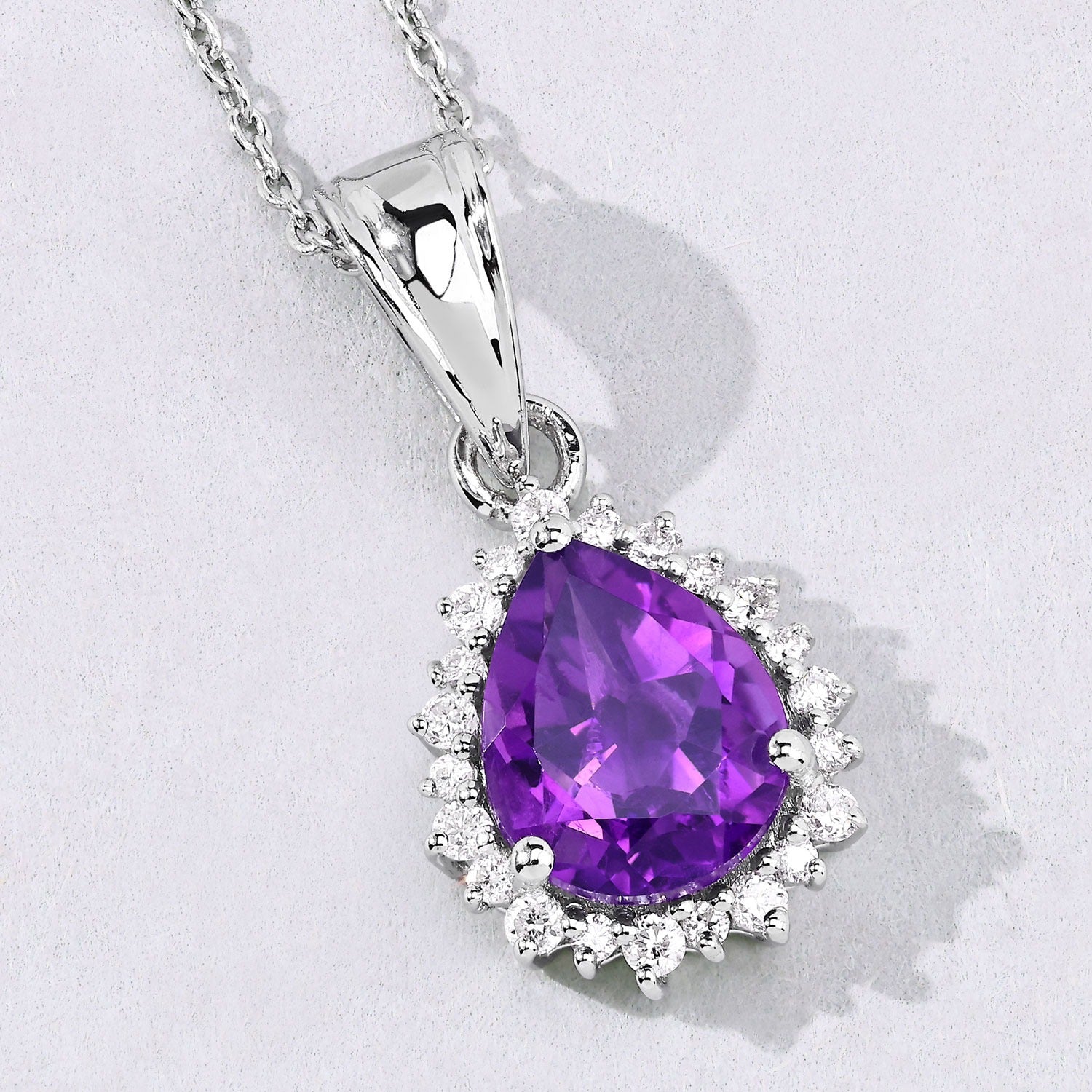 2.35 Ct Genuine Amethyst and Lab Grown Diamond Silver Halo Necklace Fine Color Jewels