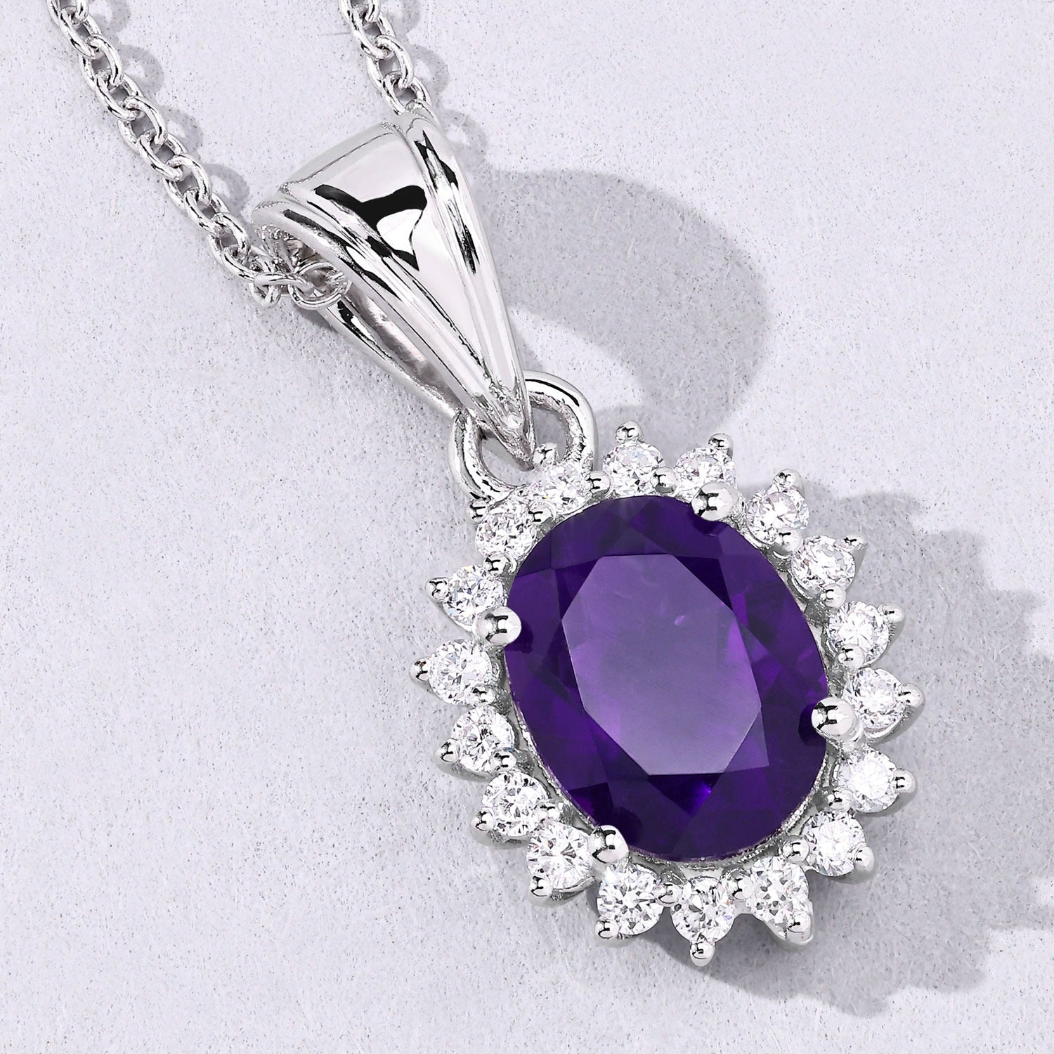 1.87 Ct Genuine Amethyst and Lab Grown Diamond Silver Halo Necklace Fine Color Jewels