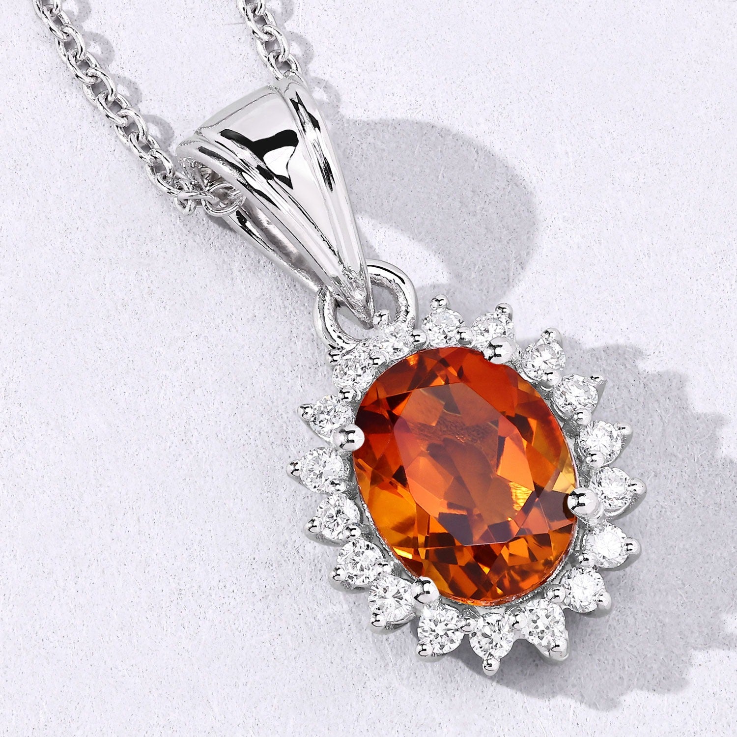 1.97 Ct Genuine Madeira Citrine and Lab Grown Diamond Silver Halo Necklace Fine Color Jewels