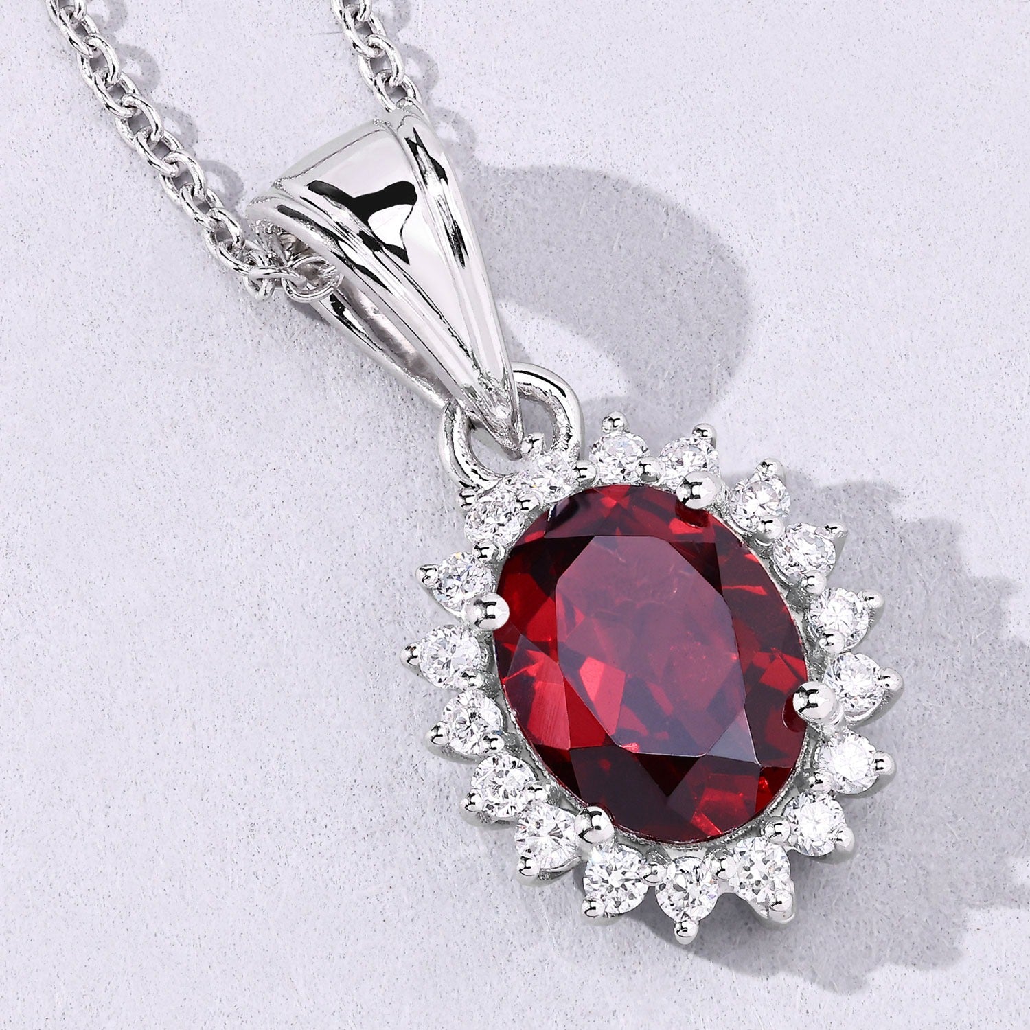 2.27 Carat Genuine Mozambique Garnet and Lab Diamond Silver Halo Necklace