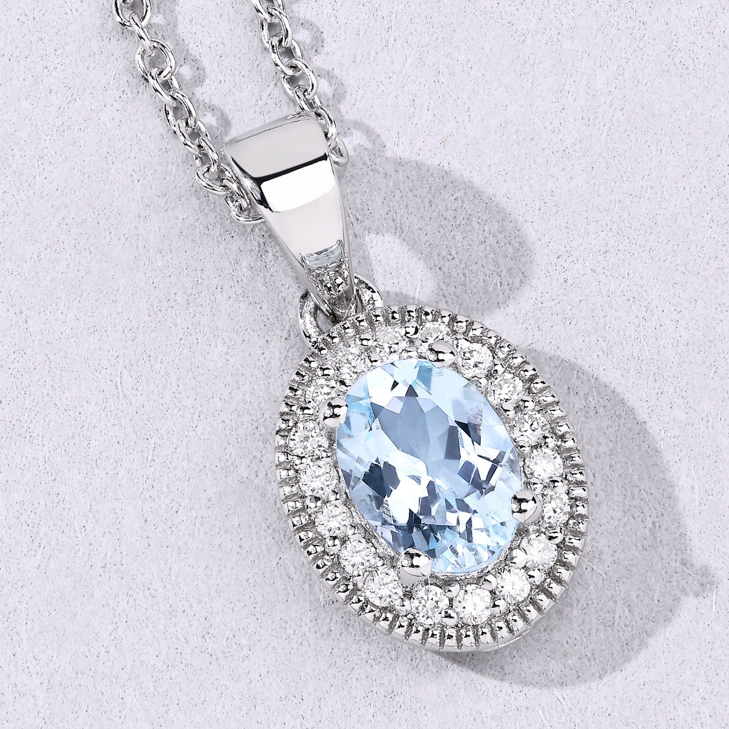 0.74 Ct Genuine Oval Aquamarine and Lab Diamond Silver Halo Necklace