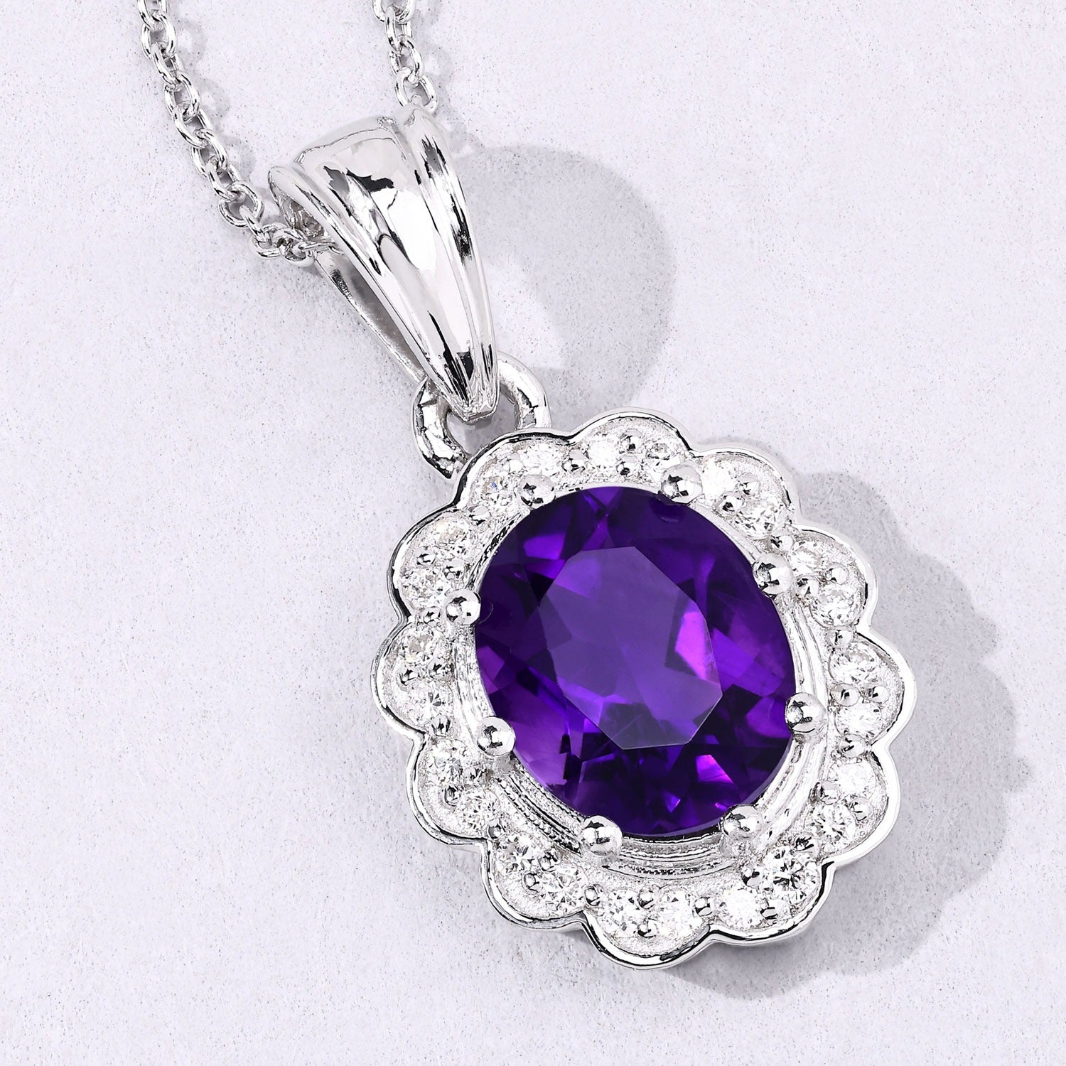 2.44 Ct Genuine Oval Amethyst and Lab Diamond Silver Halo Necklace