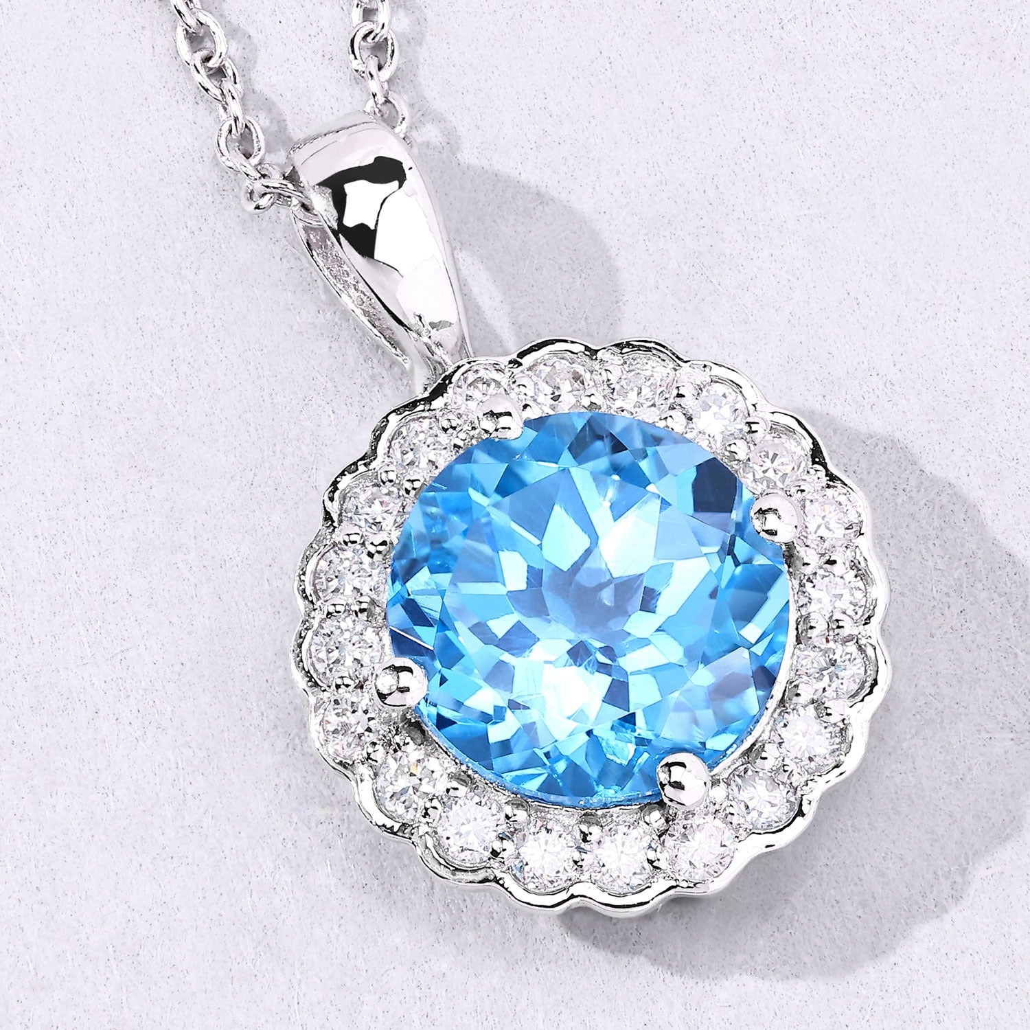 4.05 Ct Genuine Swiss Blue Topaz and Lab Diamond Silver Halo Necklace