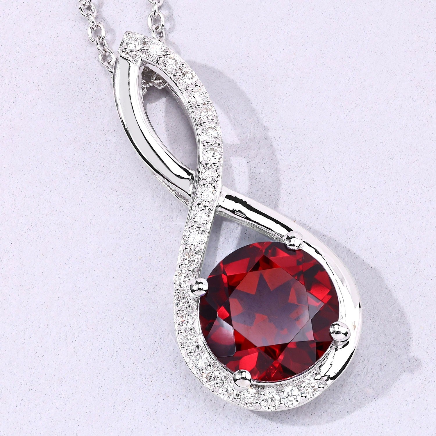 3.49 Ct Genuine Mozambique Garnet and Lab Diamond Silver Crossover Pendant Necklace Fine Color Jewels