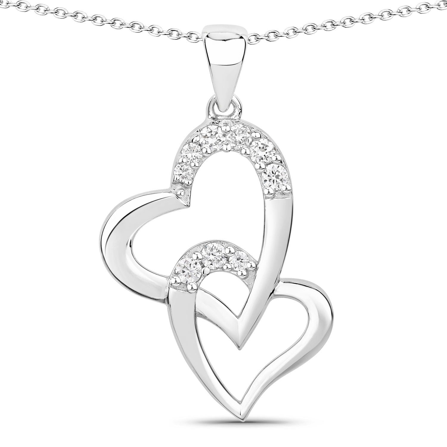 0.26 Cttw Round Lab Diamond Rhodium Plated Silver Intertwined Double Heart Pendant Necklace