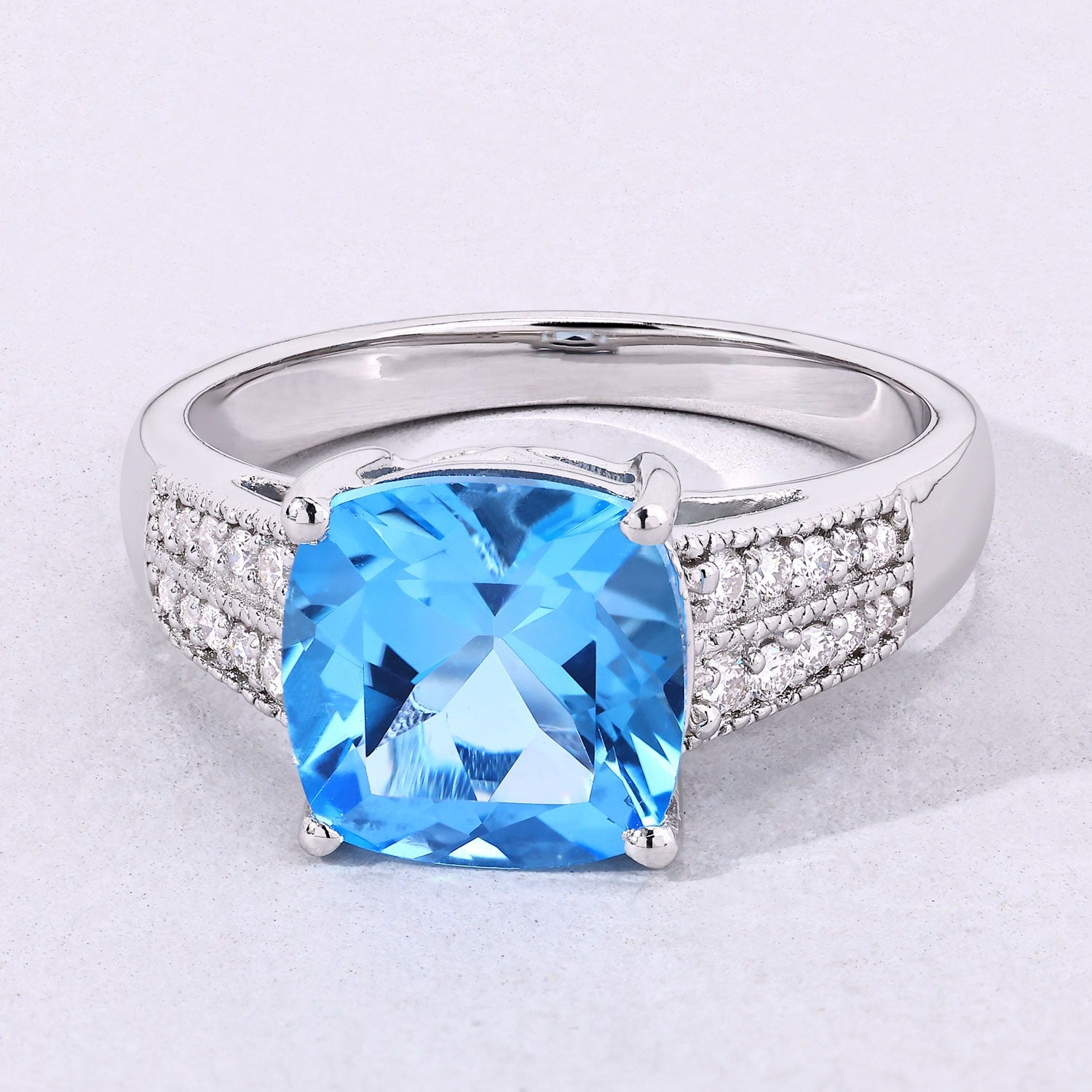 3.57 Ct Genuine Swiss Blue Topaz and Lab Diamond Silver Bridge Ring Fine Color Jewels