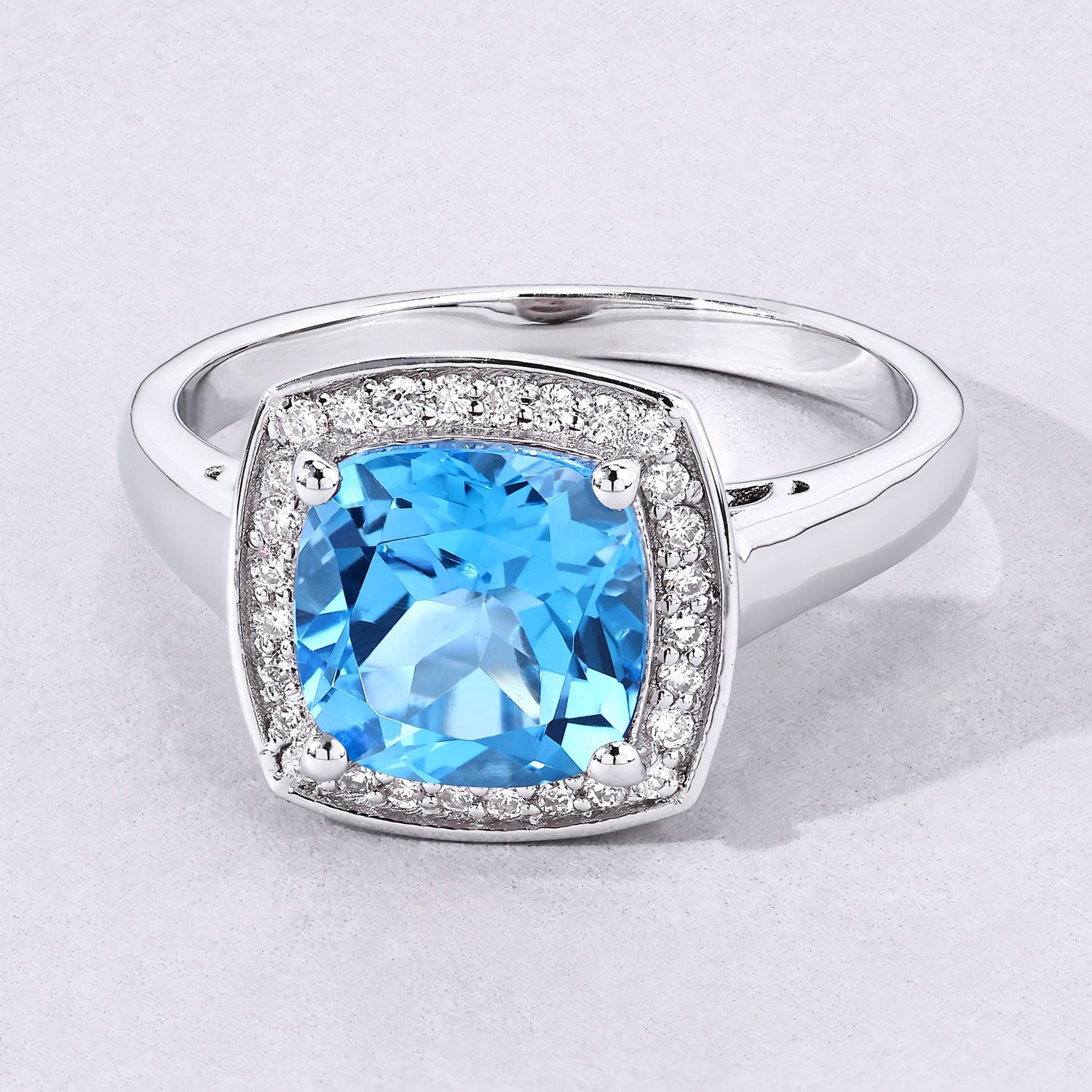2.47 Ct Genuine Cushion Cut Swiss Blue Topaz Lab Diamond Silver Halo Ring Fine Color Jewels