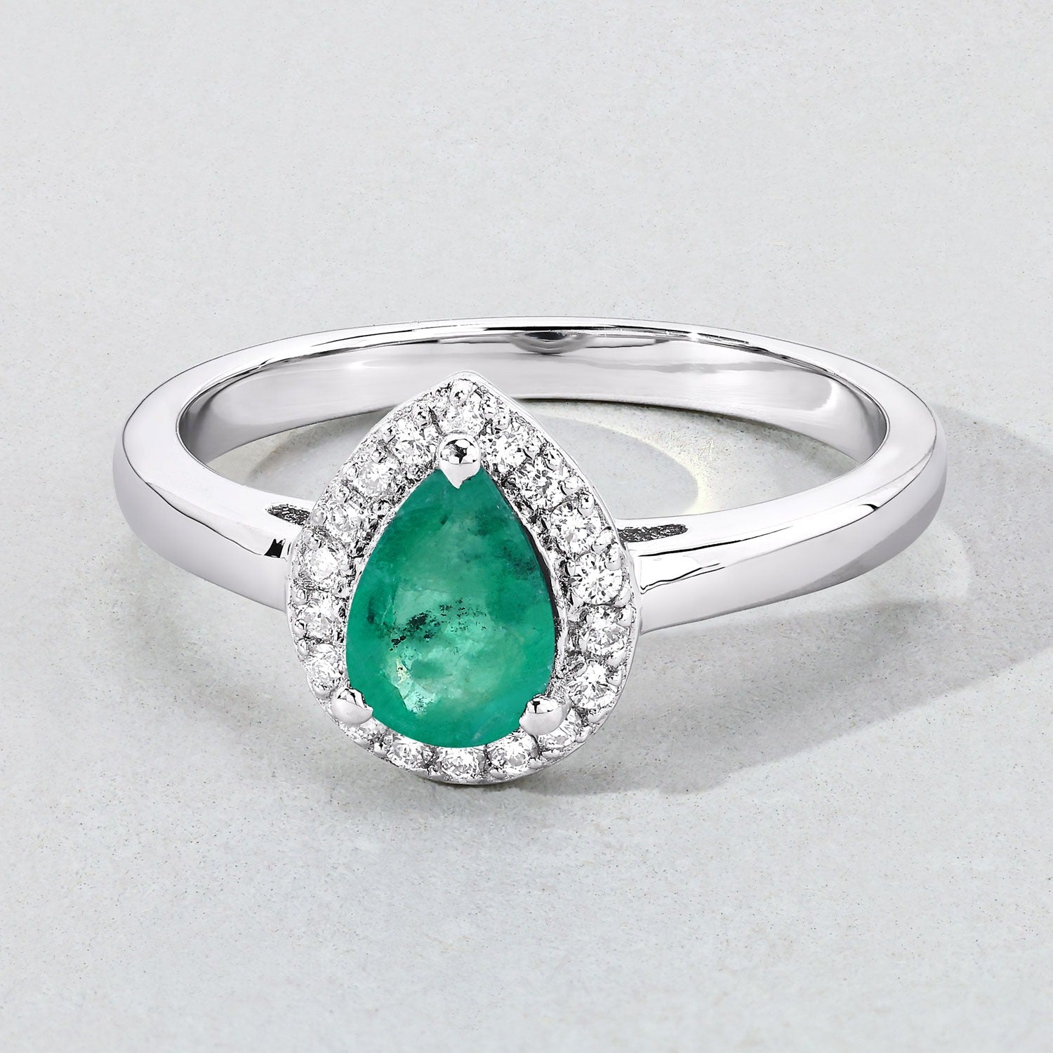 0.65 Ct Pear Green Zambian Emerald & Lab Diamond Prong Silver Halo Ring