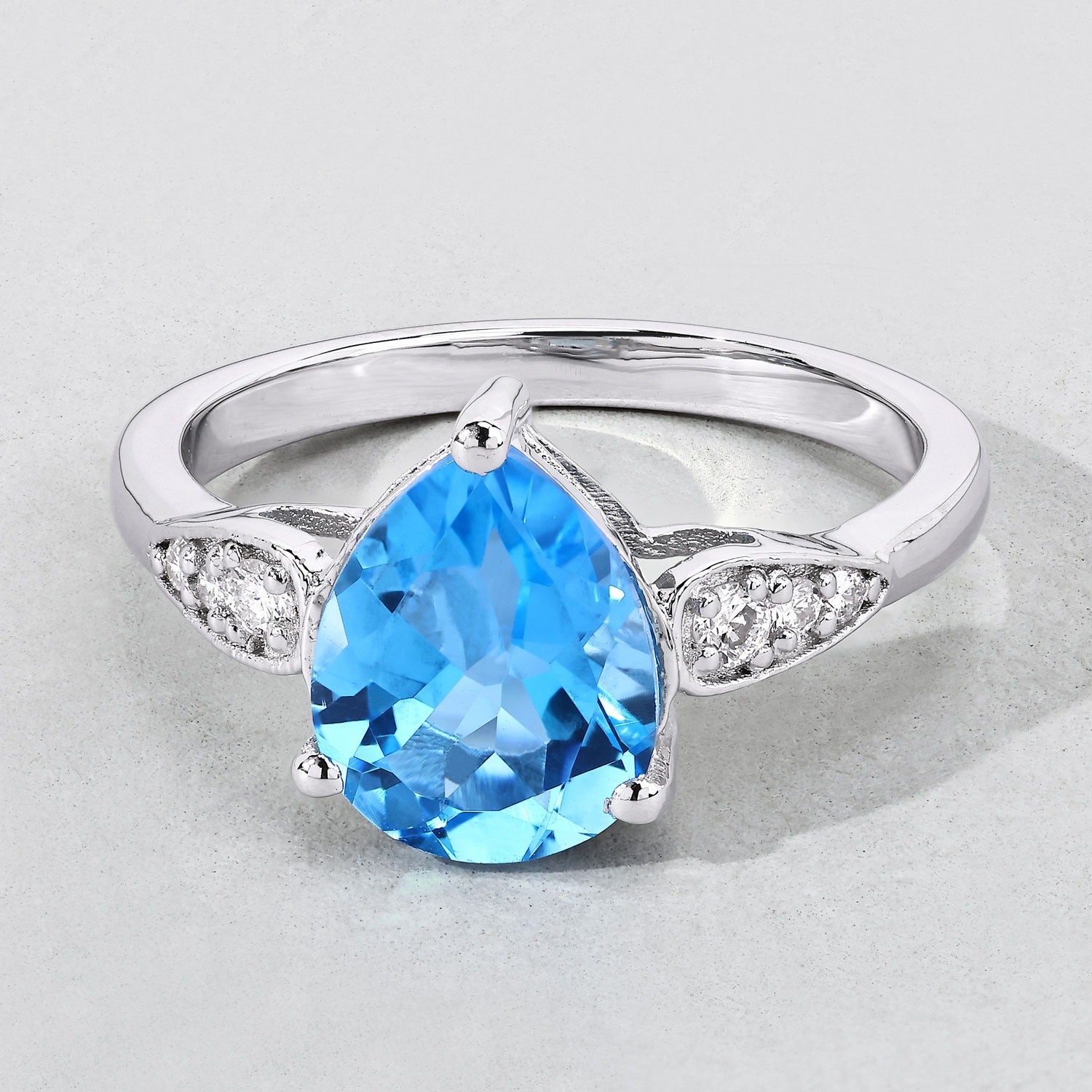 2.60 Ct Teardrop Blue Topaz & Lab Diamond Prong Sterling Silver Cocktail Ring