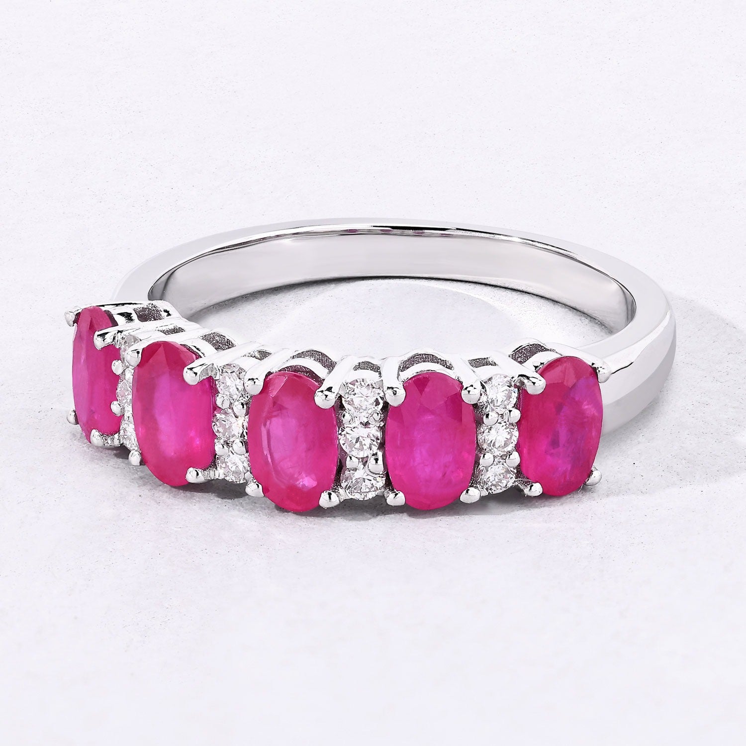 1.27 Ct Oval Pink Ruby and Lab Grown Diamond Silver Five Stone Prong Eternity Ring