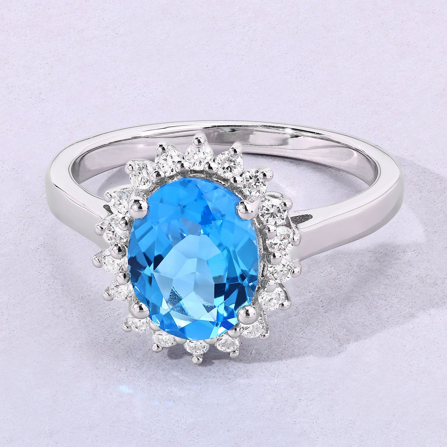 2 Ct Oval Swiss Blue Topaz and Lab Diamond Prong Silver Halo Ring