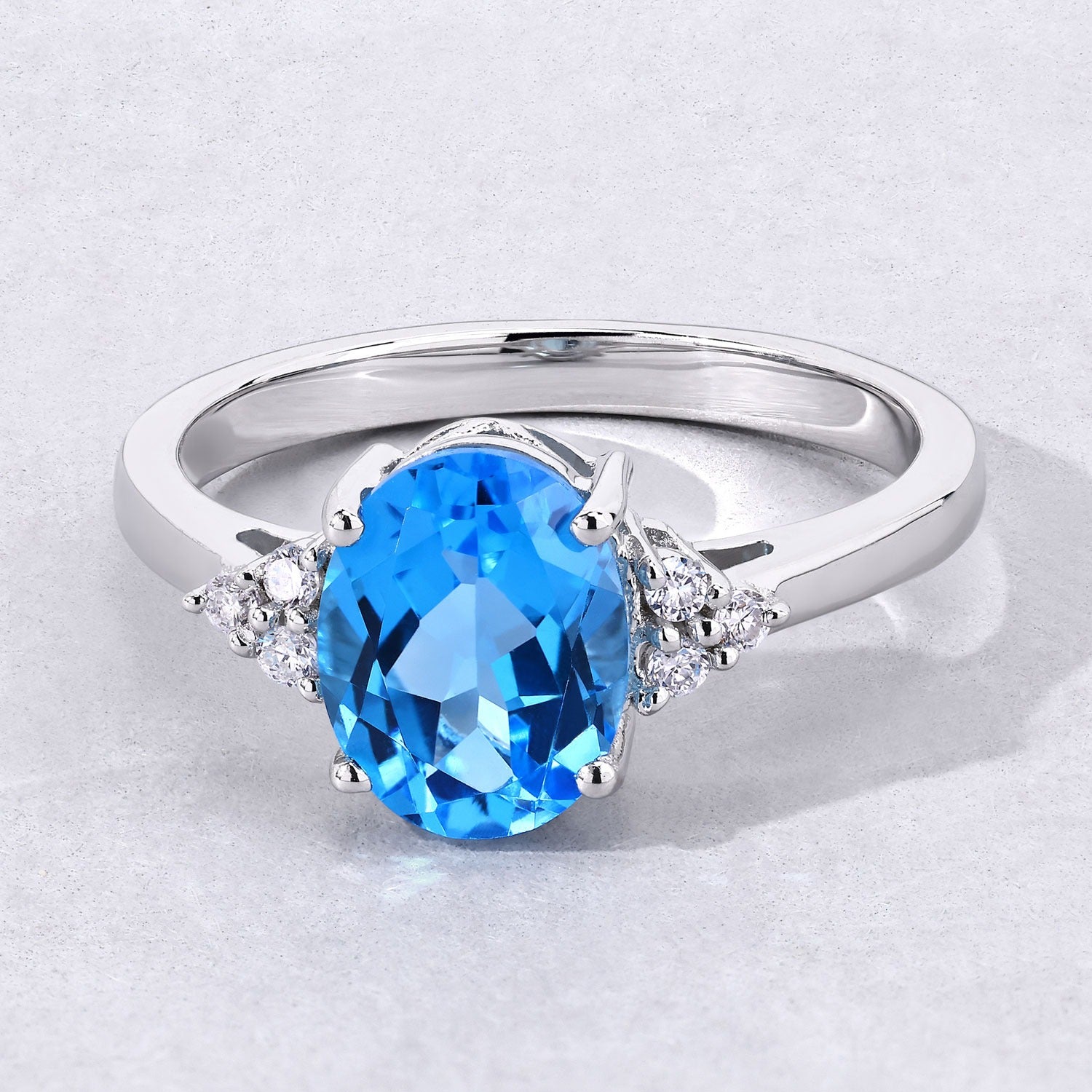 2 Ct Oval Swiss Blue Topaz and Lab Diamond Prong Silver Cocktail Ring