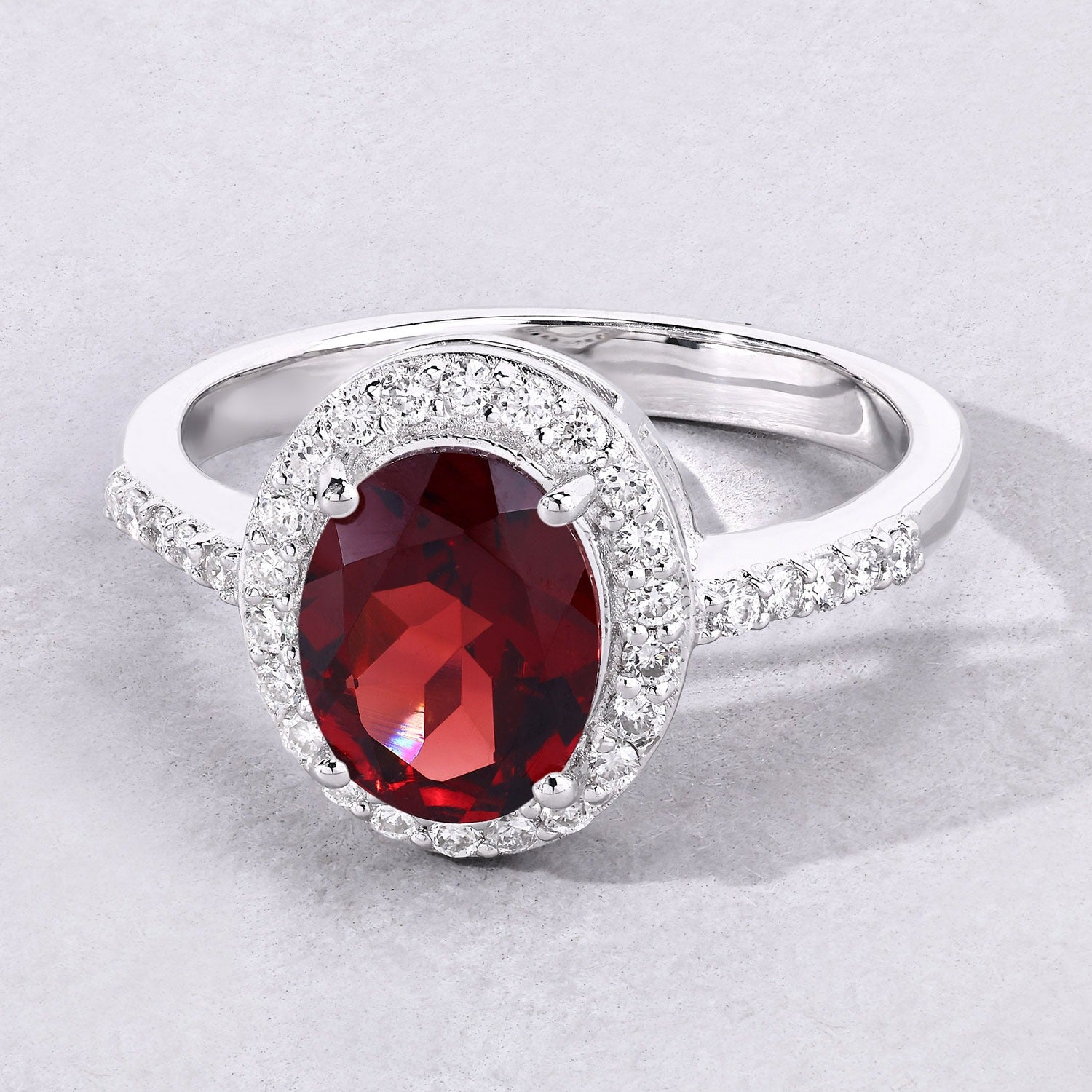 2.32 Ct Genuine Mozambique Red Garnet and Lab Diamond Silver Halo Ring