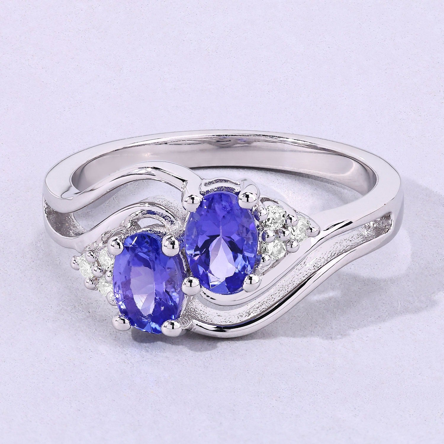 0.97 Ct Genuine Tanzanite and Lab Diamond Silver Bypass Promise Ring Fine Color Jewels