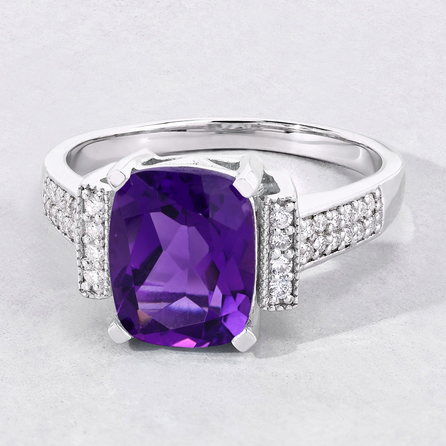 2.78 Ct Genuine Amethyst and Lab Diamond Silver Cushion Cut Statement Ring Fine Color Jewels