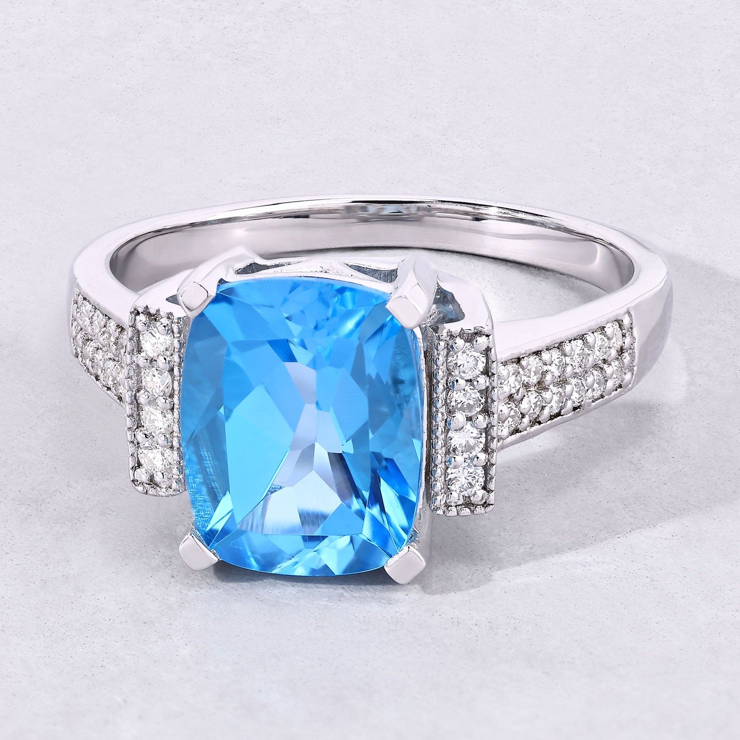 3.68 Ct Genuine Swiss Blue Topaz and Lab Diamond Silver Cushion Cut Statement Ring Fine Color Jewels