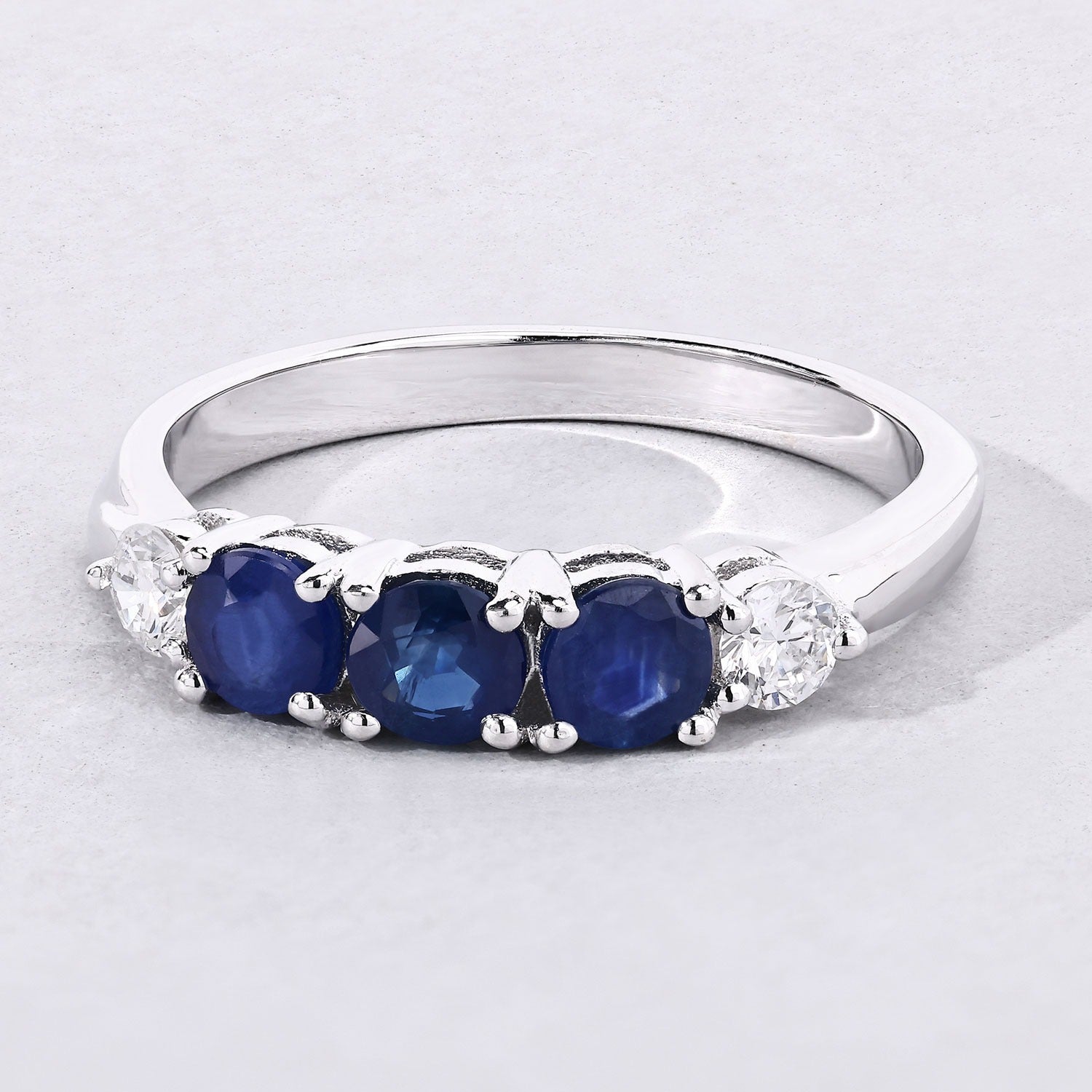 1.12 Ct Genuine Blue Sapphire and Lab Diamond Silver 5 Stone Ring Fine Color Jewels