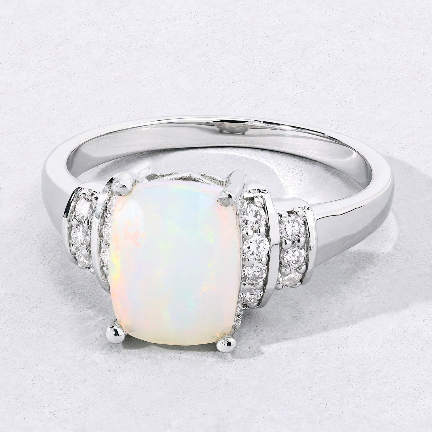 1.18 Ct Genuine Ethiopian Opal and Lab Diamond Sterling Silver Cushion Ring