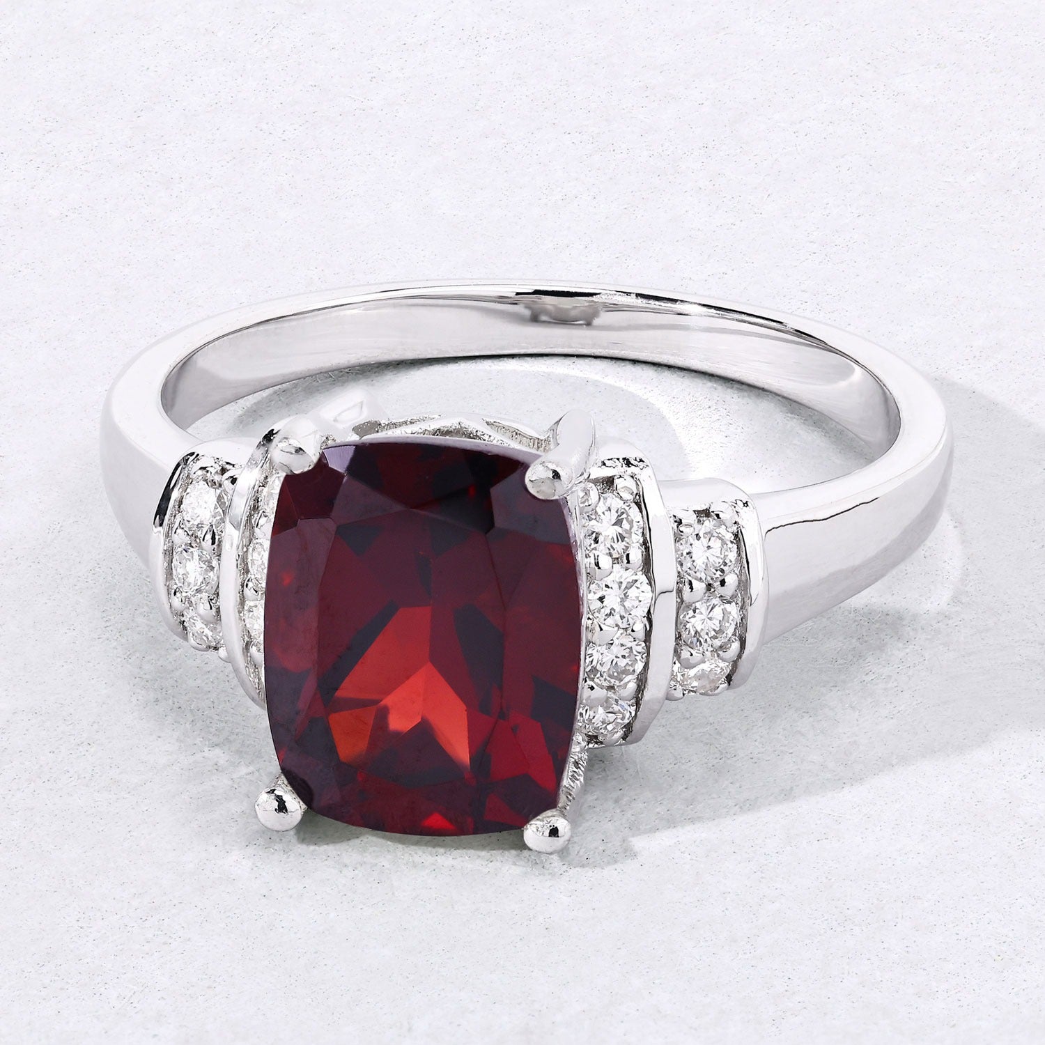 2.58 Ct Genuine Mozambique Garnet and Lab Diamond Silver Cushion Ring